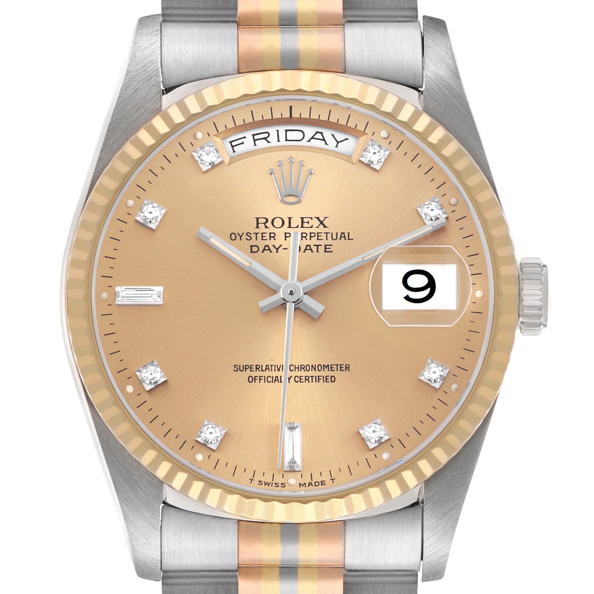 The Rolex President 18239BIC Men's White Gold Champagne Dial model is shown from a front angle, highlighting its dial, bezel, day-date display, and part of the bracelet.