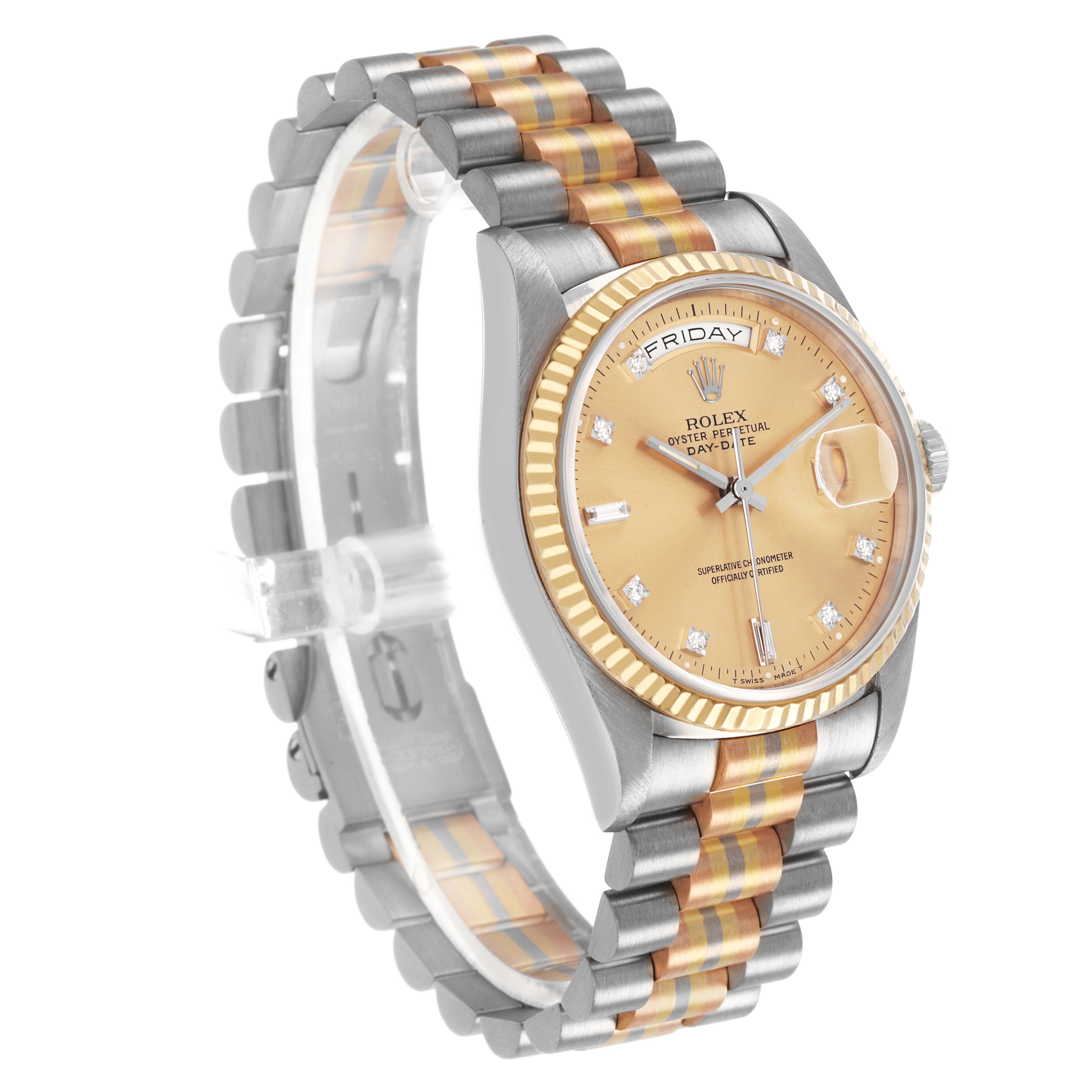 The Rolex President 18239BIC Men's White Gold Champagne Dial model is shown at a three-quarter view, highlighting the dial, bezel, and bracelet.