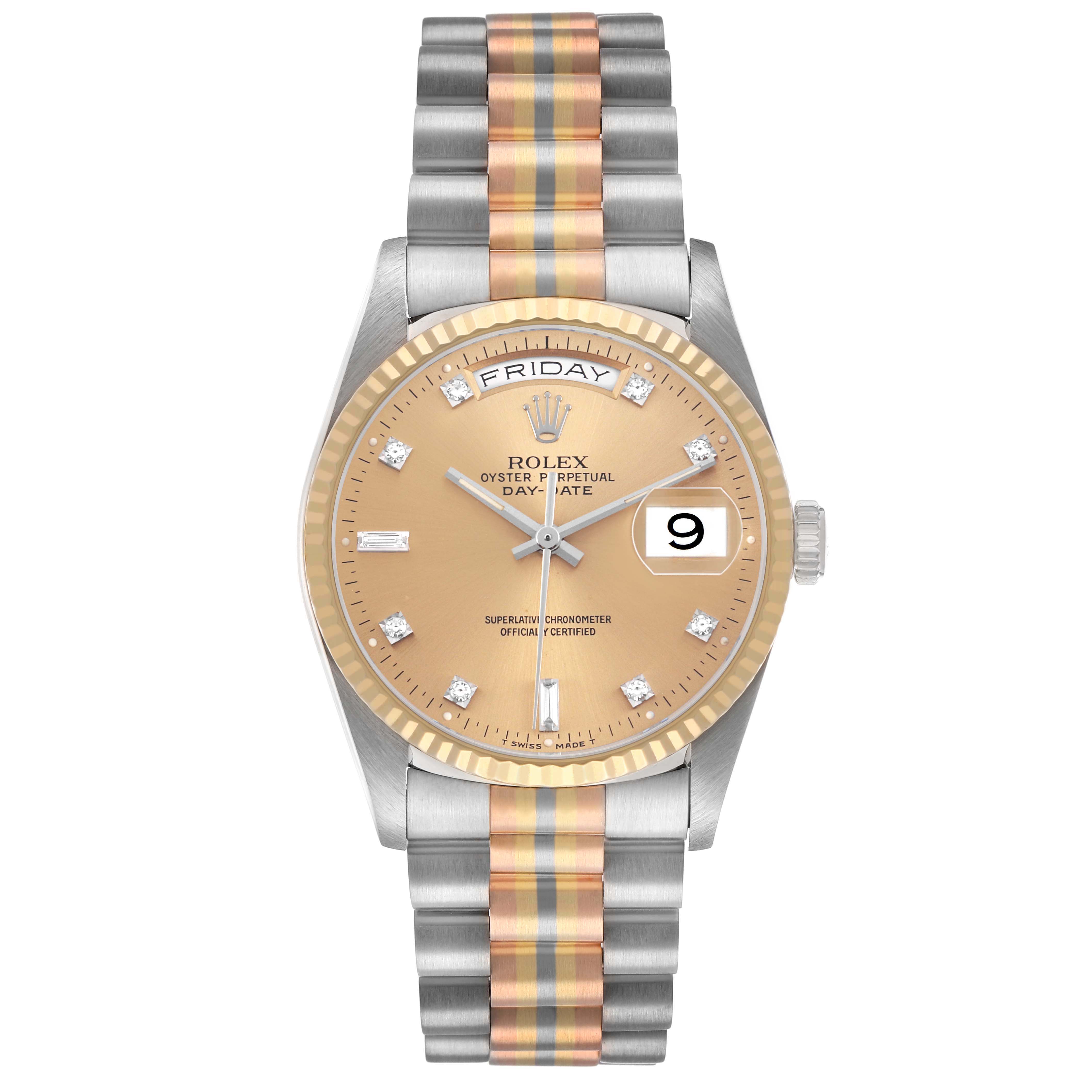 The image shows a frontal view of the Rolex President 18239BIC Men's White Gold Champagne Dial model, displaying its dial, bezel, and bracelet.