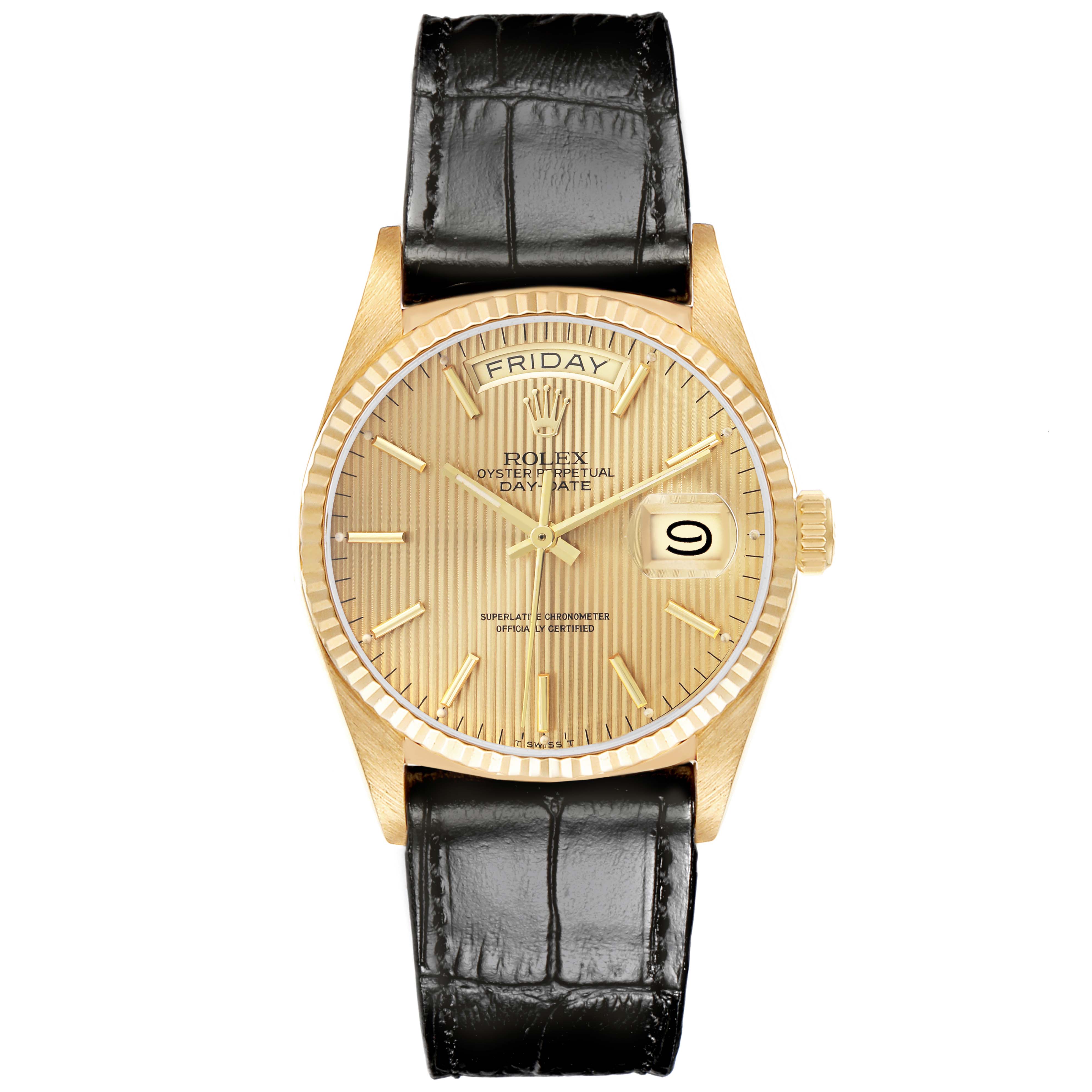 The Rolex President 18038 Men
s Yellow Gold Champagne Dial 18038 Men
s Yellow Gold Champagne Dial model watch is shown from a front angle, displaying the dial, case, bezel, strap, day, and date features.