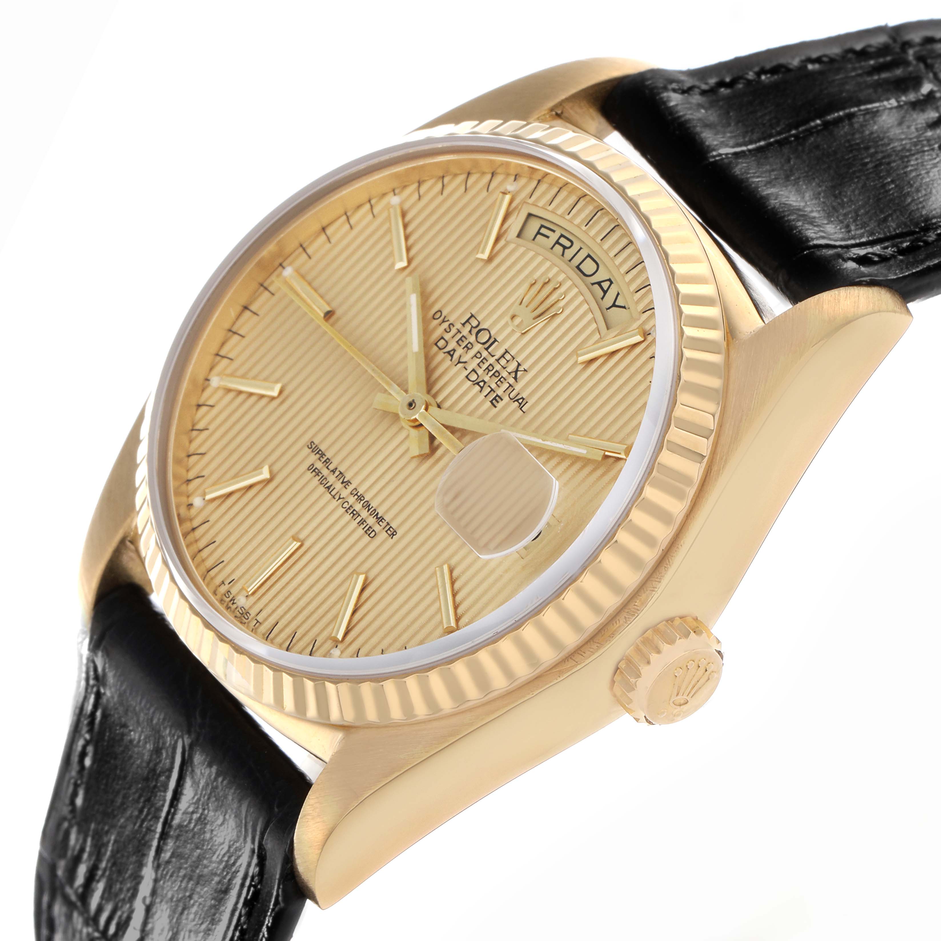 The Rolex President 18038 Men
s Yellow Gold Champagne Dial 18038 Men
s Yellow Gold Champagne Dial watch is shown at an angled view, highlighting the dial, bezel, crown, and part of the leather strap.