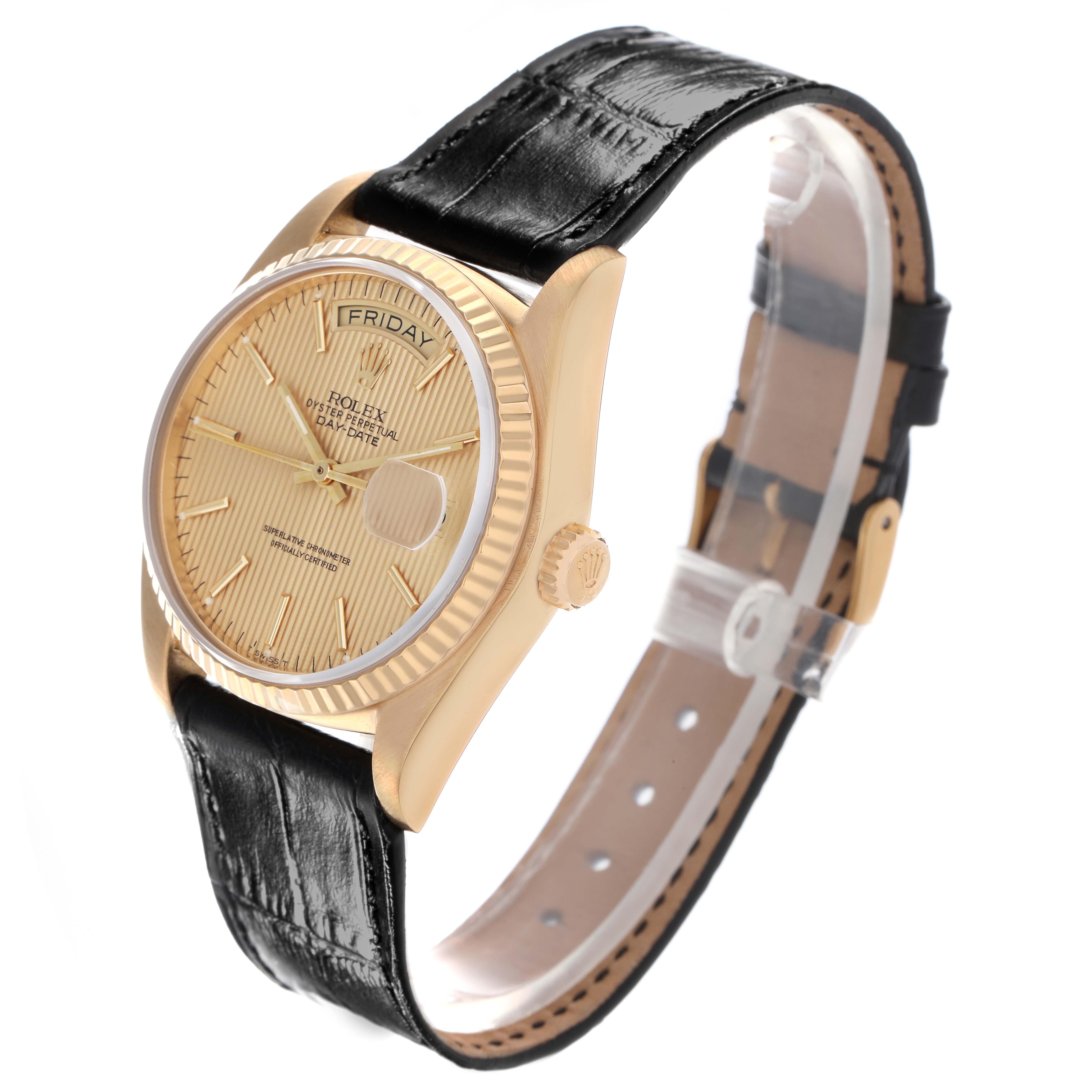 The Rolex President 18038 Men
s Yellow Gold Champagne Dial 18038 Men
s Yellow Gold Champagne Dial model is shown at a three-quarter angle, displaying the dial, bezel, crown, and leather strap.