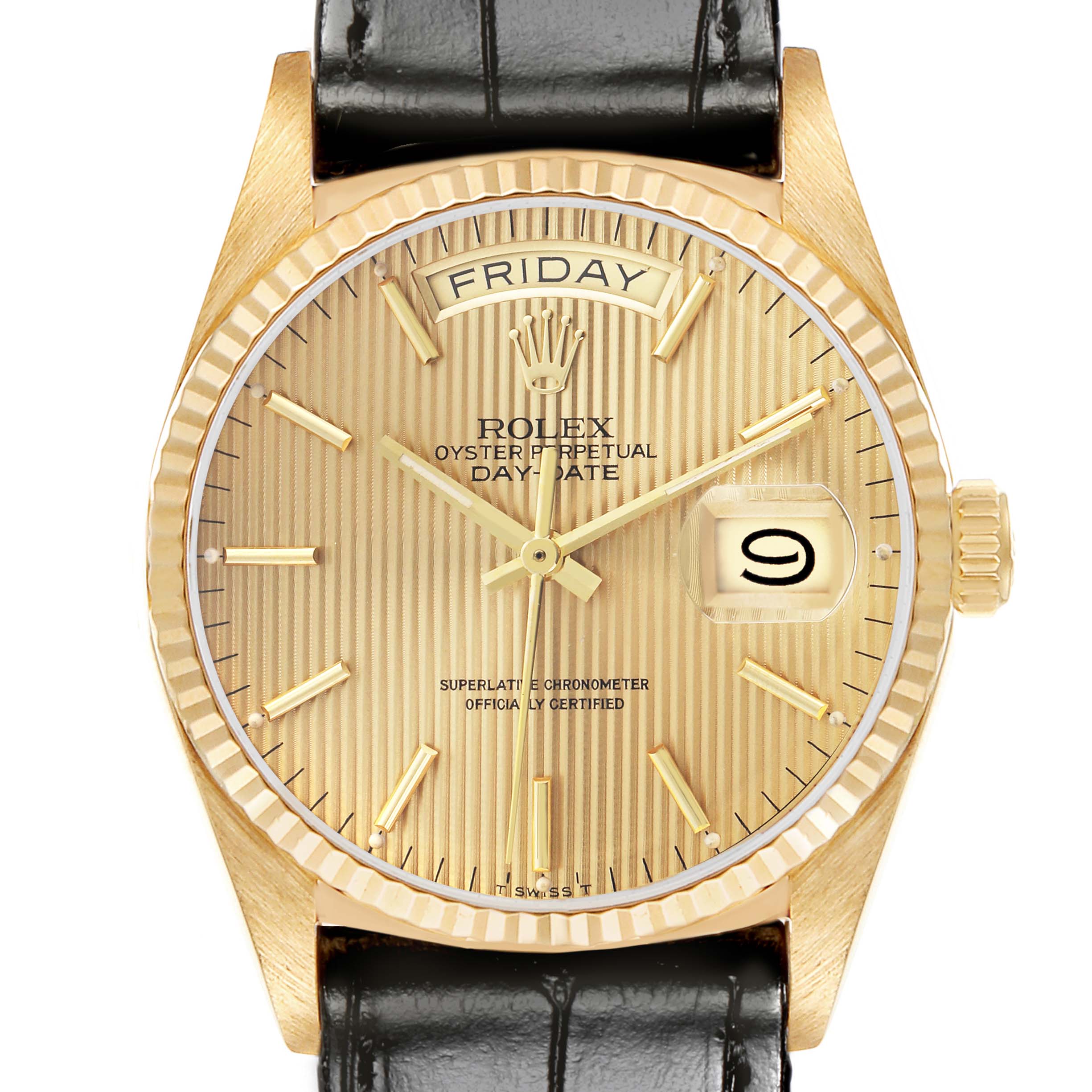 The Rolex President 18038 Men
s Yellow Gold Champagne Dial 18038 Men
s Yellow Gold Champagne Dial model watch is shown from the front, displaying the dial, fluted bezel, and leather strap.