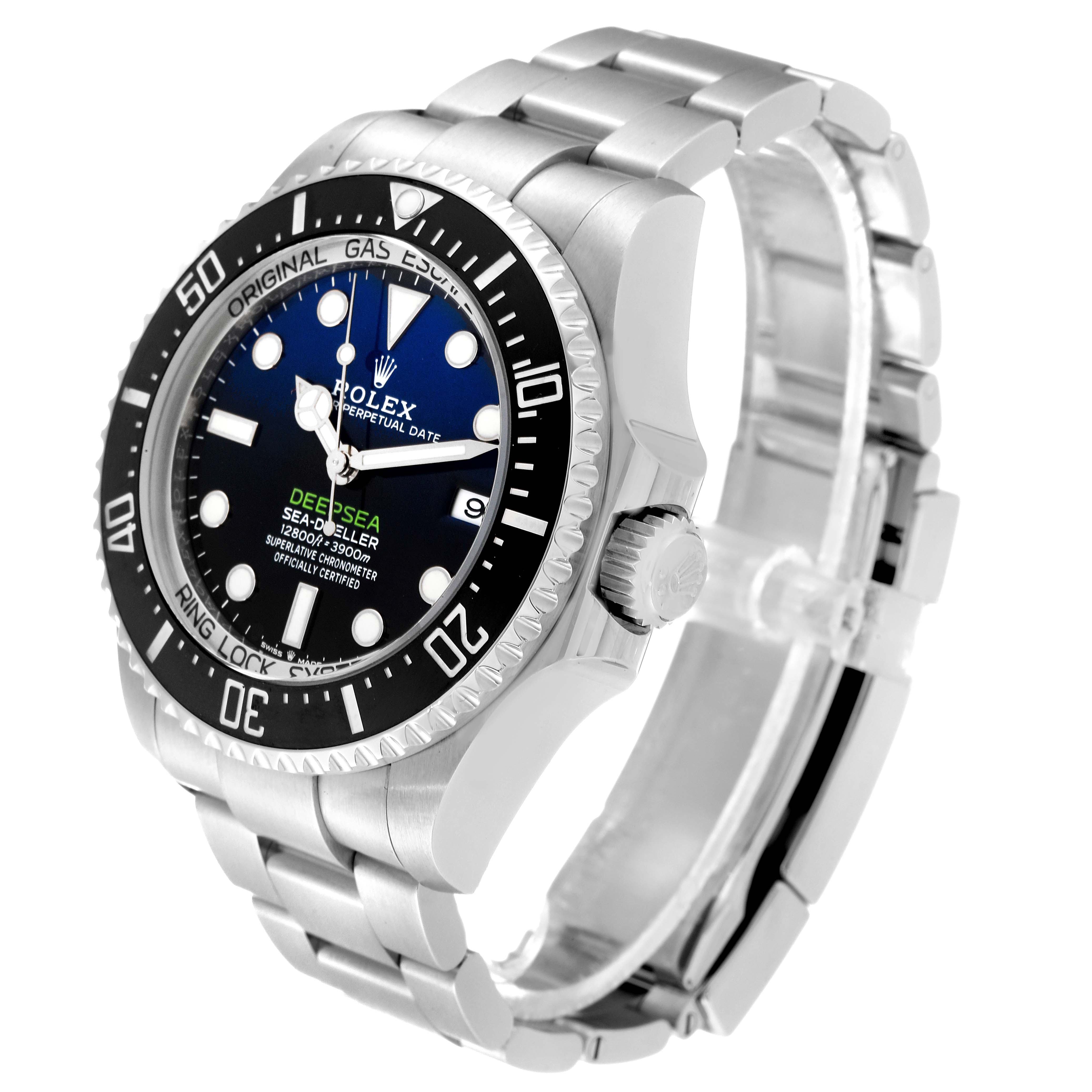 The image shows a Rolex Sea-Dweller 136660 Men
s Stainless Steel Blue Dial 136660 Men
s Stainless Steel Blue Dial watch at a three-quarter angle, highlighting the face, bezel, crown, and part of the bracelet.