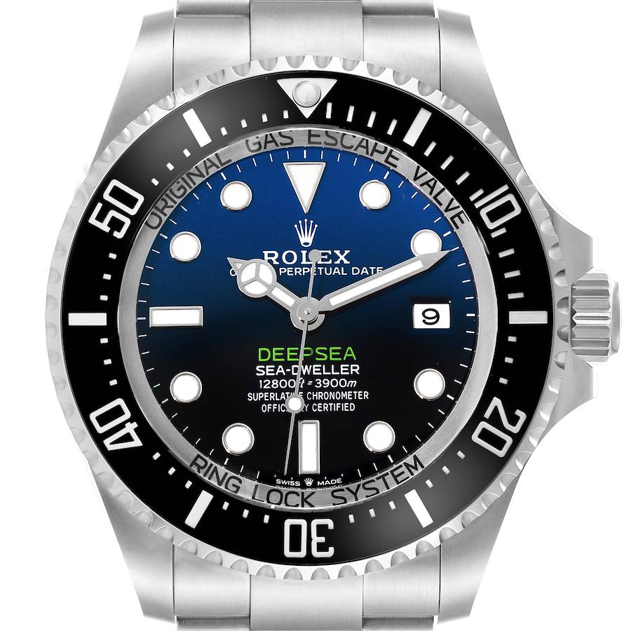 The image shows a front view of the Rolex Sea-Dweller watch, highlighting the dial, bezel, and part of the bracelet.