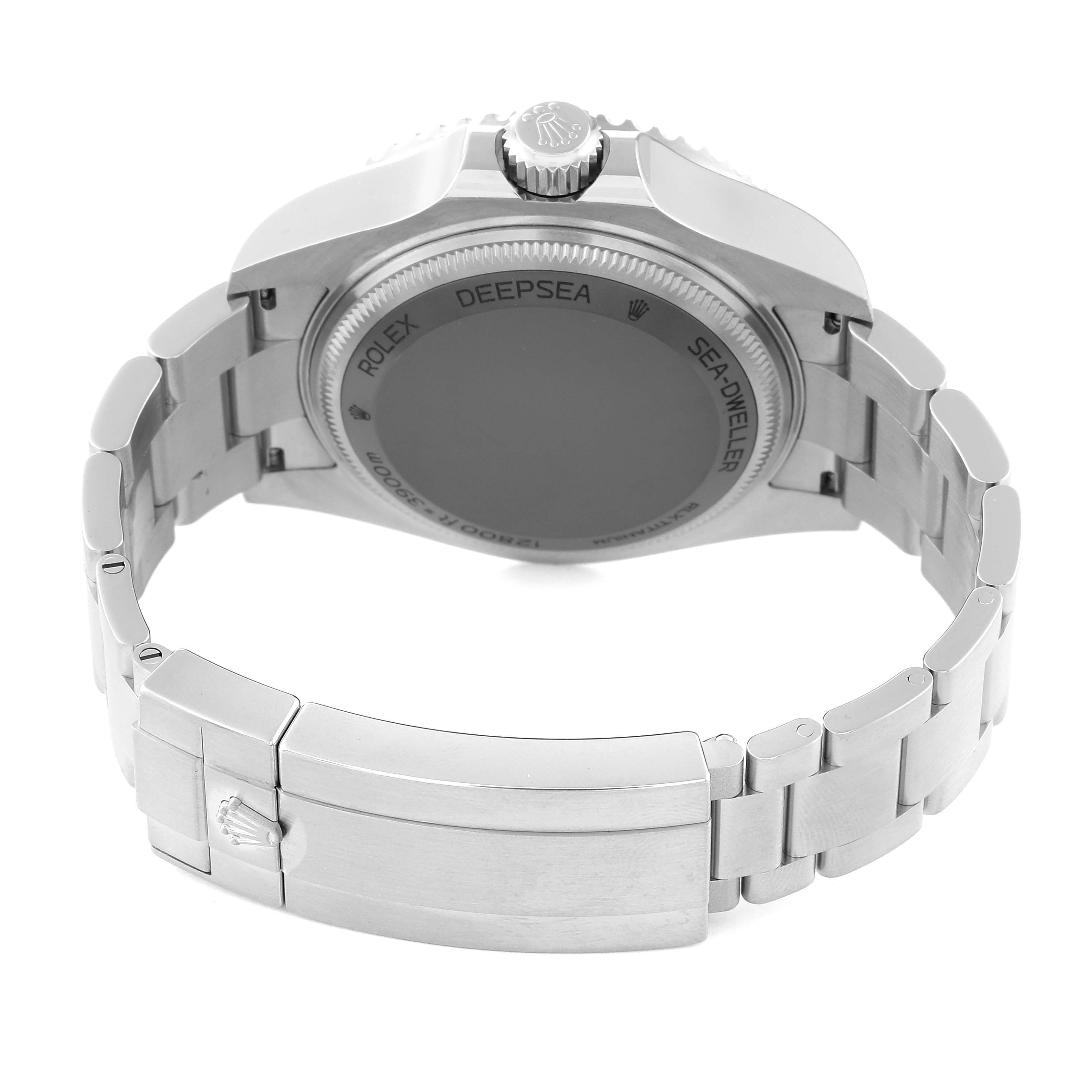 This image shows the back view of the Rolex Sea-Dweller 136660 Men
s Stainless Steel Blue Dial 136660 Men
s Stainless Steel Blue Dial watch, focusing on the case back and bracelet clasp.