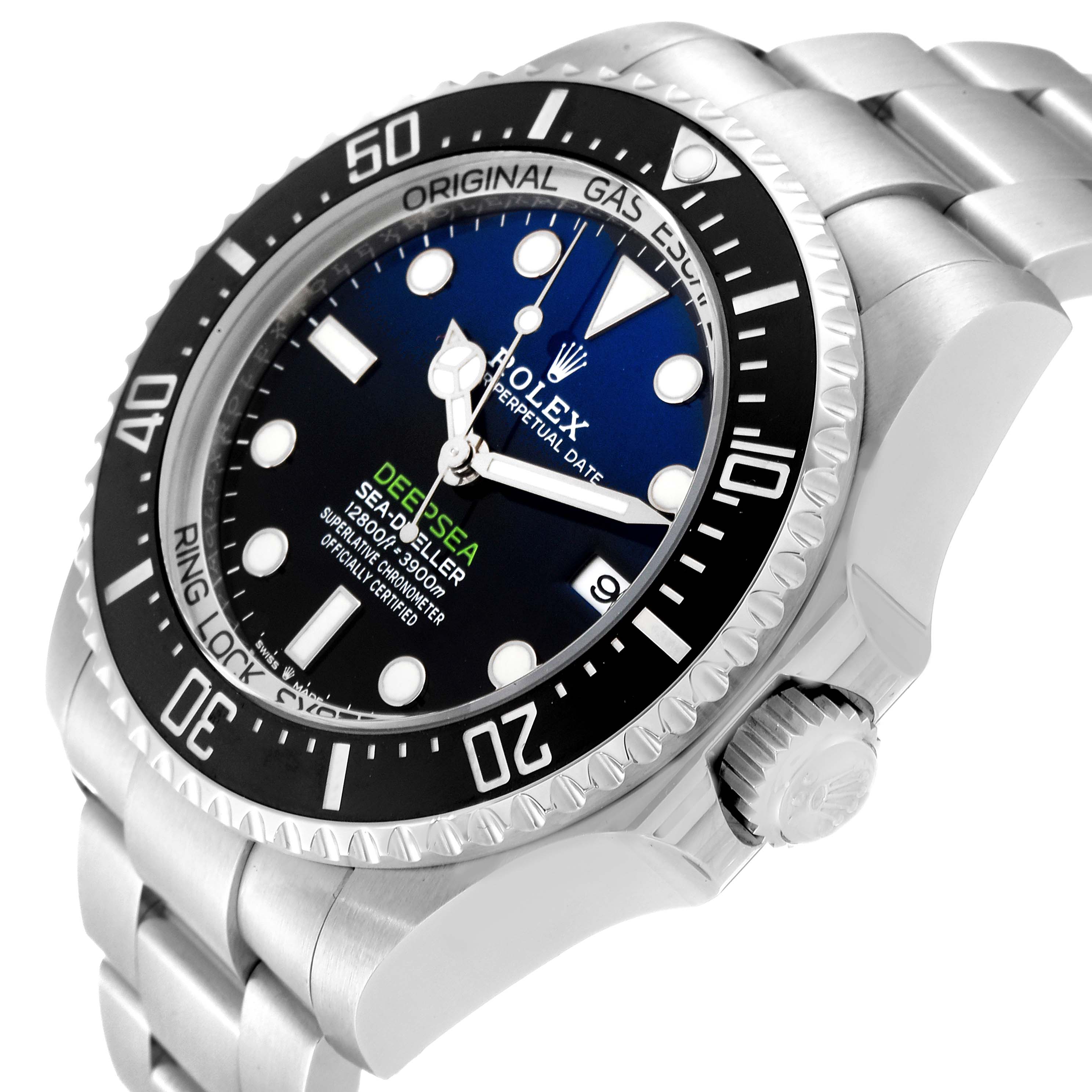 The image shows a close-up angled view of the Rolex Sea-Dweller 136660 Men
s Stainless Steel Blue Dial 136660 Men
s Stainless Steel Blue Dial watch, highlighting its bezel, dial, and part of the bracelet.