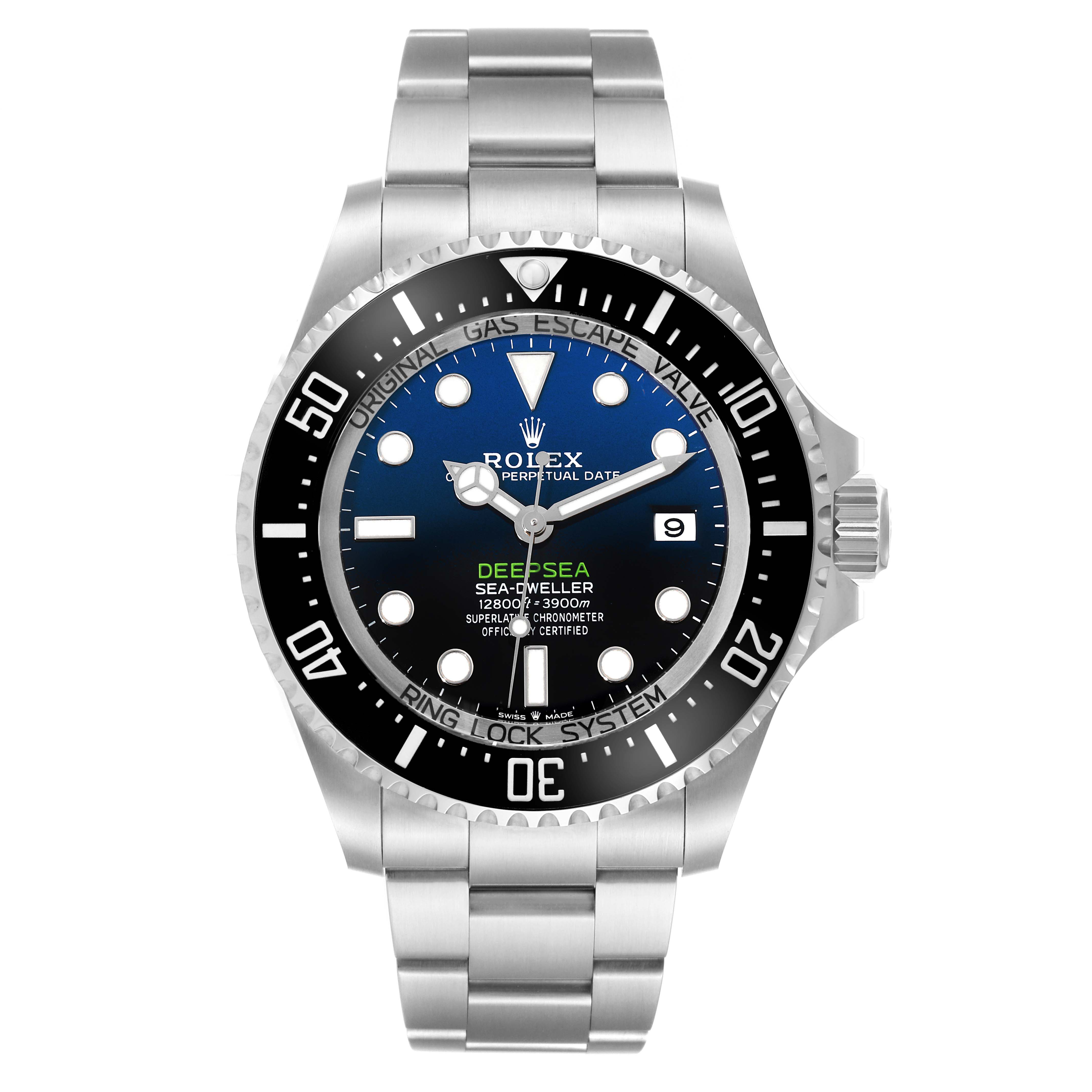 The image shows a front view of a Rolex Sea-Dweller 136660 Men
s Stainless Steel Blue Dial 136660 Men
s Stainless Steel Blue Dial watch, displaying its face, bezel, and metal bracelet.