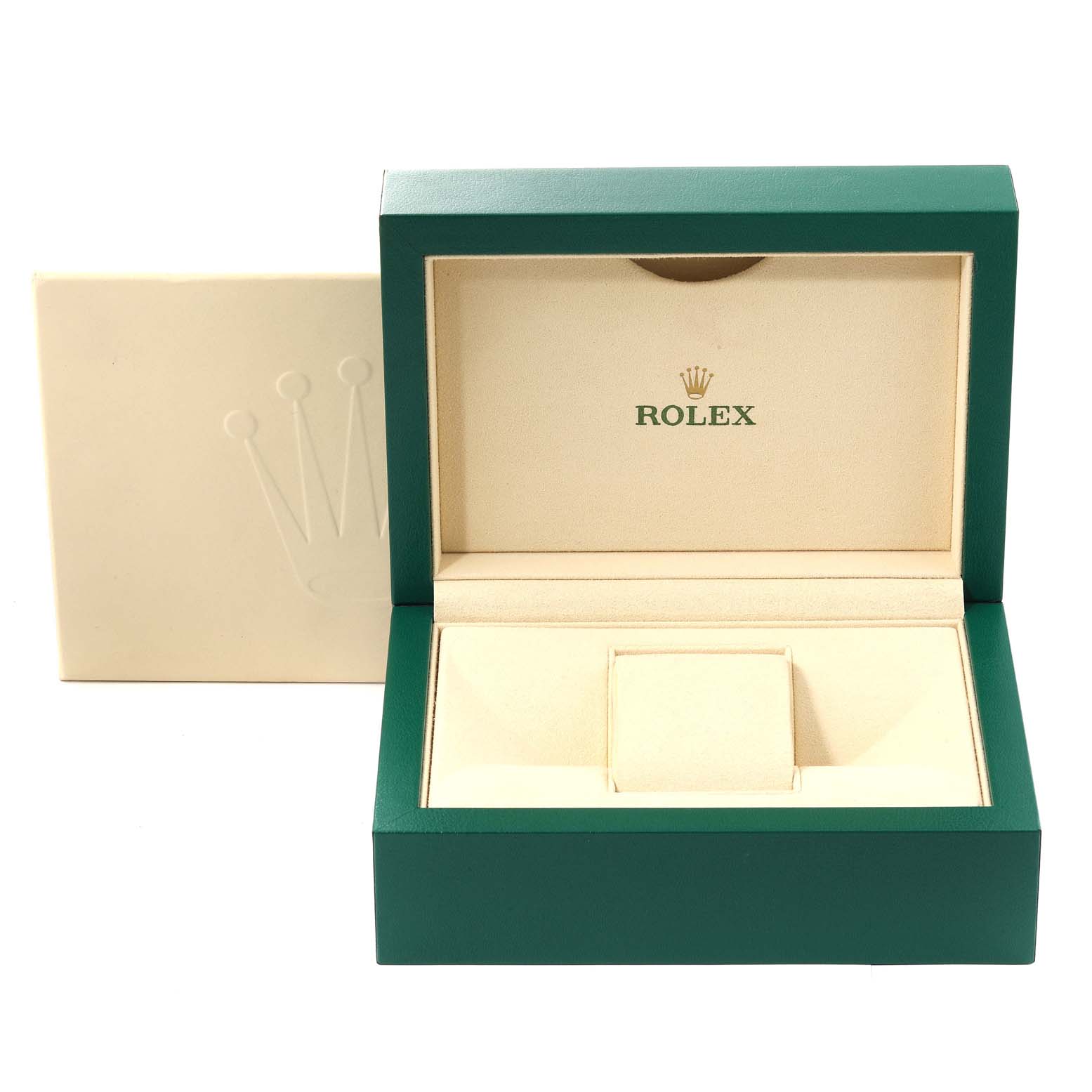 The image shows an open box for the Rolex Sea-Dweller 136660 Men
s Stainless Steel Blue Dial 136660 Men
s Stainless Steel Blue Dial watch with green exterior and beige interior.
