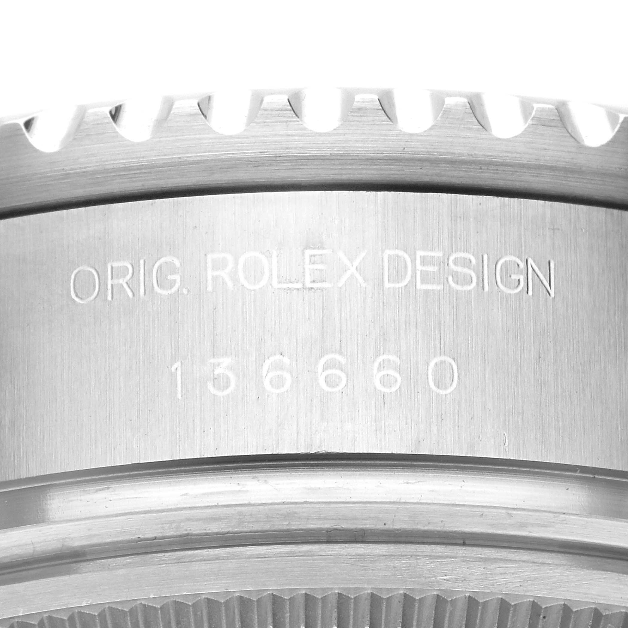 The close-up image shows the serial number and the engraved "Orig. Rolex Design" text on the case side of a Rolex Sea-Dweller 136660 Men
s Stainless Steel Blue Dial 136660 Men
s Stainless Steel Blue Dial.