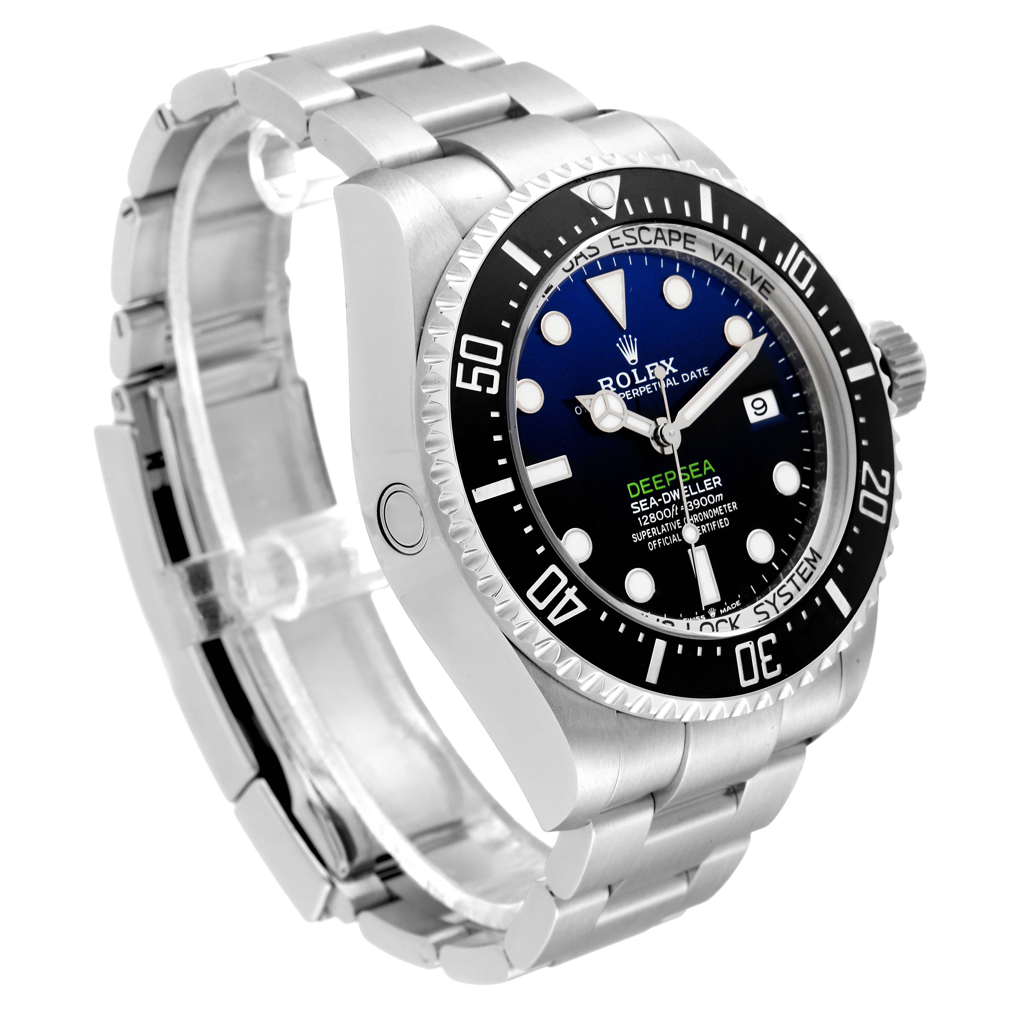 The image shows a 3/4 view angle of the Rolex Sea-Dweller 136660 Men
s Stainless Steel Blue Dial 136660 Men
s Stainless Steel Blue Dial watch, highlighting its face, bezel, crown, and bracelet.