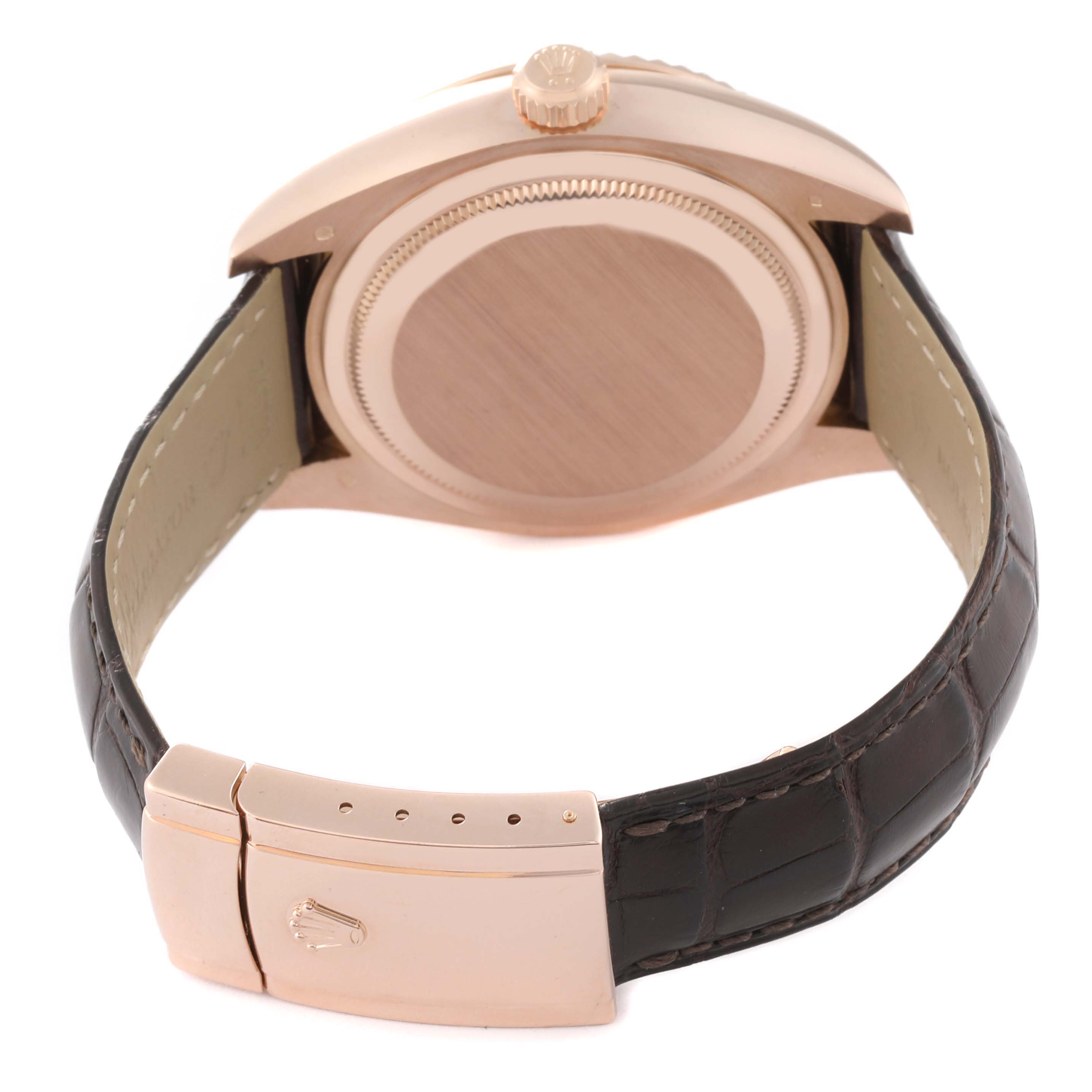 This image shows the back and side of the Rolex Sky-Dweller 326135 Men's Rose Gold Brown Dial 326135 Men's Rose Gold Brown Dial watch, focusing on the case, crown, and clasp of the strap.