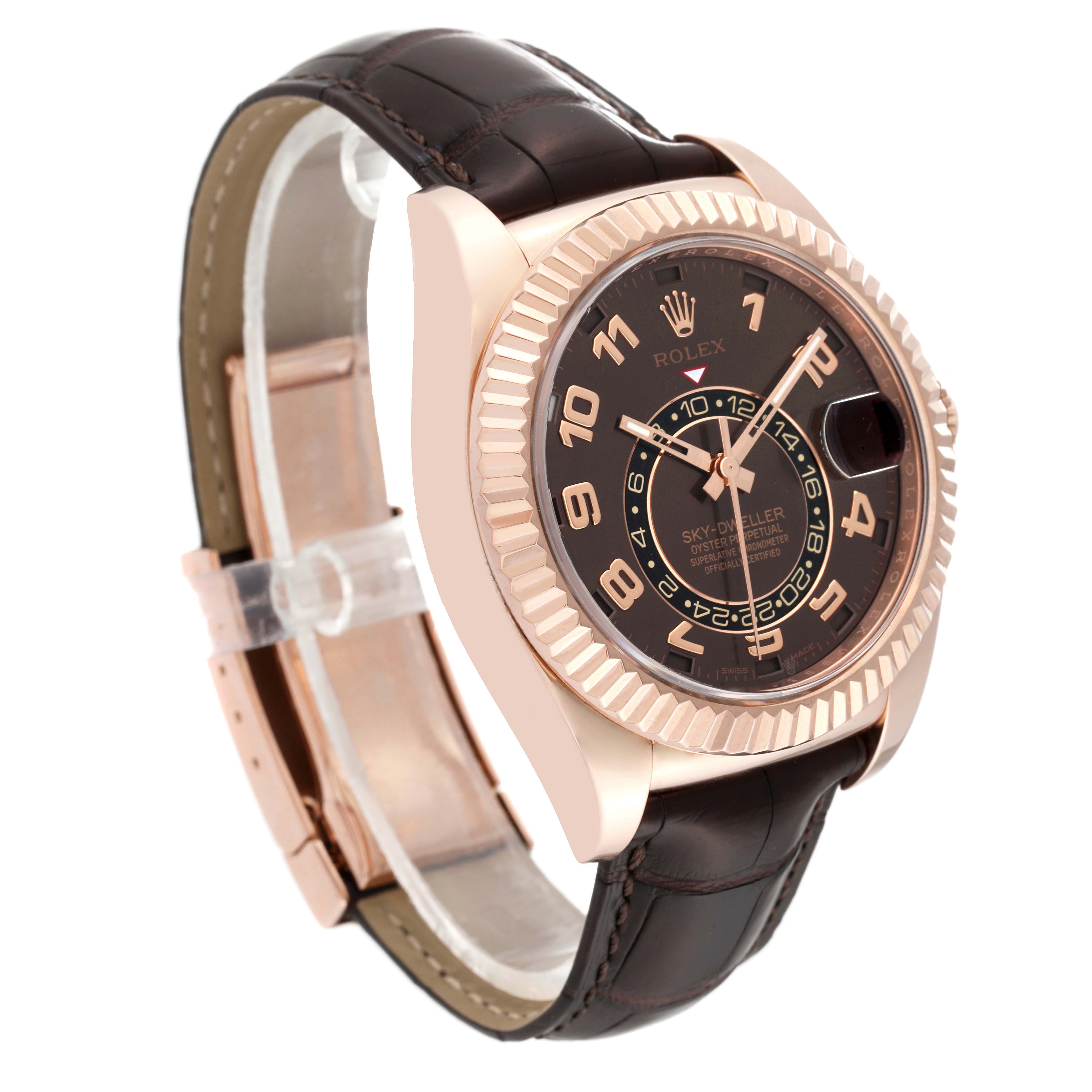 The image shows a Rolex Sky-Dweller 326135 Men's Rose Gold Brown Dial 326135 Men's Rose Gold Brown Dial watch from a front angle, highlighting the dial, bezel, case, and leather strap.