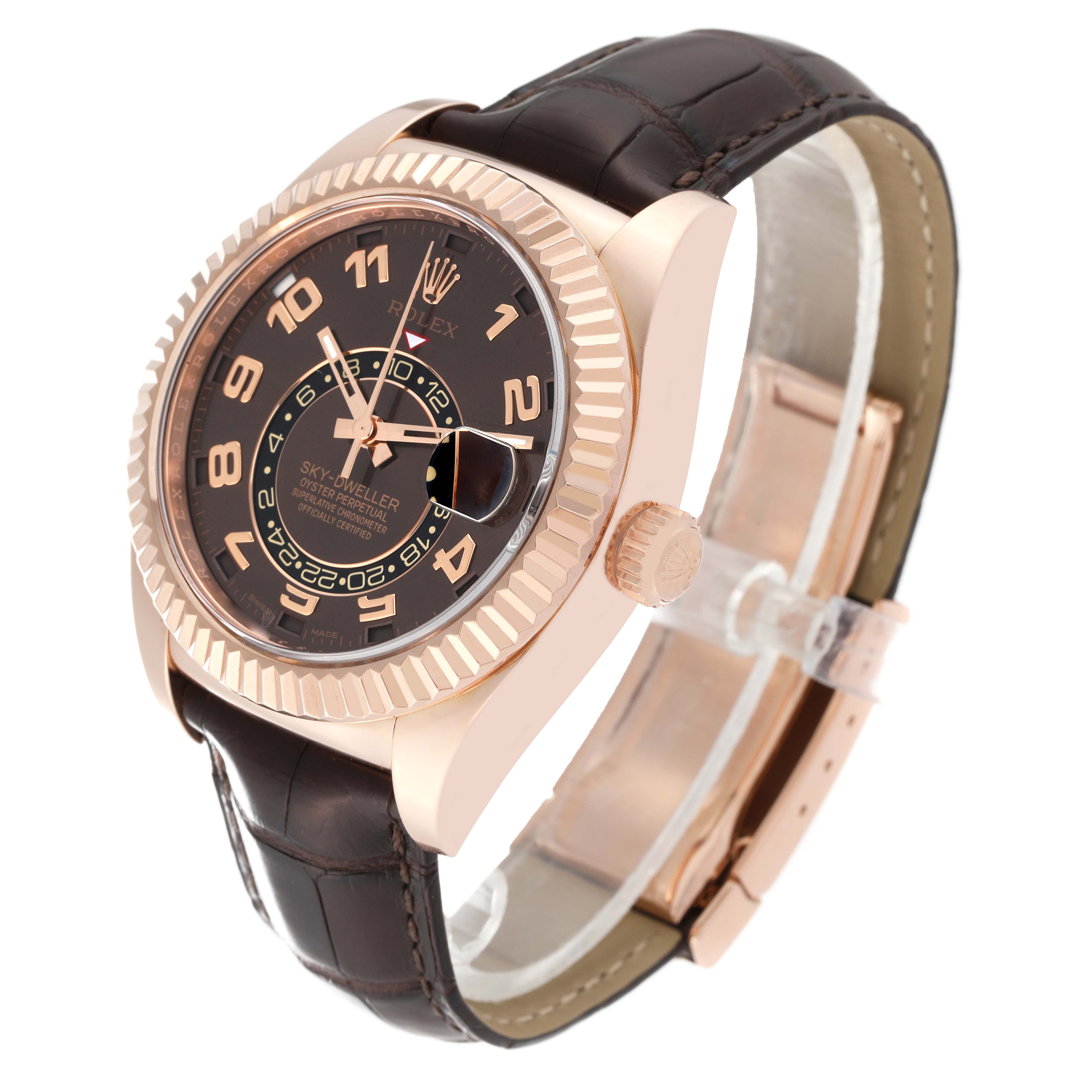 The image shows a Rolex Sky-Dweller 326135 Men's Rose Gold Brown Dial 326135 Men's Rose Gold Brown Dial watch at a 3/4 angle, highlighting the dial, bezel, crown, and leather strap.