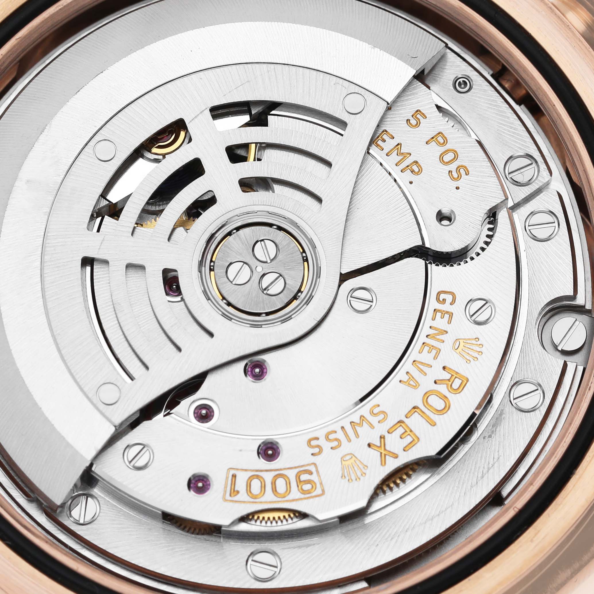 The image shows a close-up view of the movement and intricate inner workings of a Rolex Sky-Dweller 326135 Men's Rose Gold Brown Dial 326135 Men's Rose Gold Brown Dial watch.