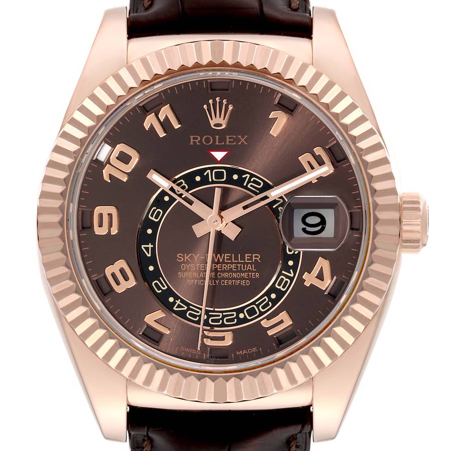 The image shows a front view of a Rolex Sky-Dweller watch featuring a dark dial, date window, and leather strap.