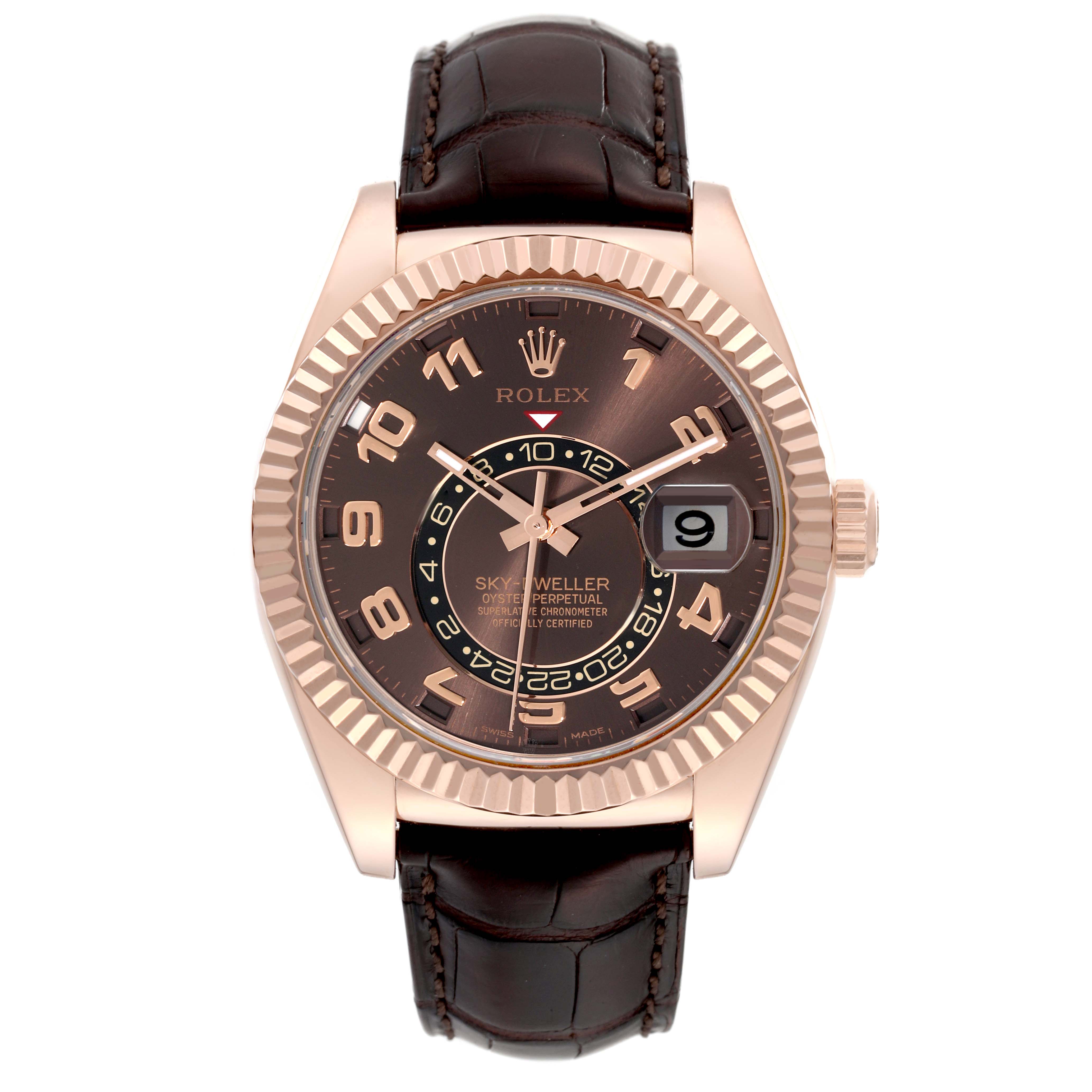 This image shows a front view of the Rolex Sky-Dweller 326135 Men's Rose Gold Brown Dial 326135 Men's Rose Gold Brown Dial watch with a brown dial, rose gold case, and leather strap.