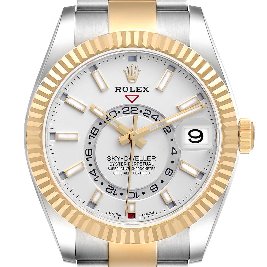 The Rolex Sky-Dweller watch is shown from the front, displaying the dial, hands, date window, and bezel.