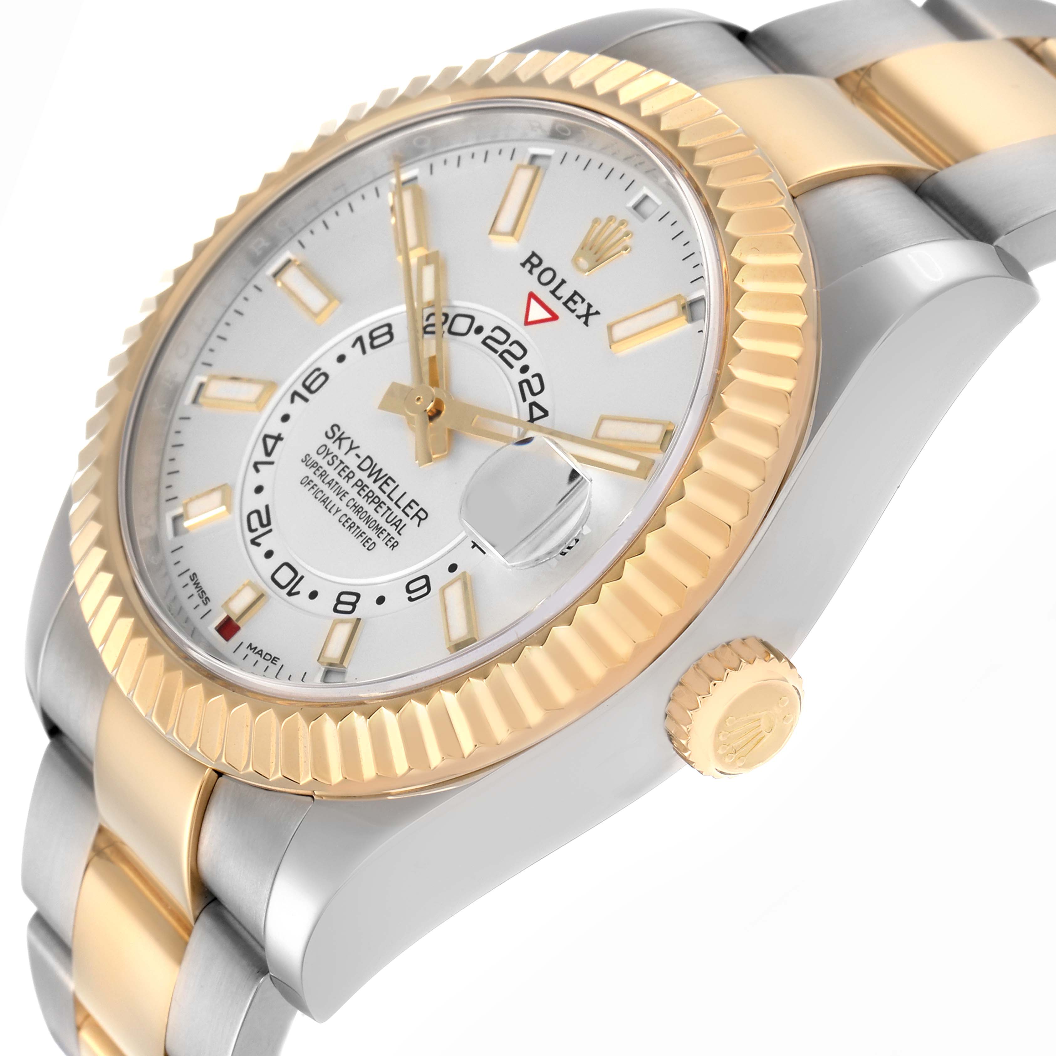 The Rolex Sky-Dweller 326933 Men
s Steel and Gold (two tone) Silver Dial 326933 Men
s Steel and Gold (two tone) Silver Dial is shown from a side angle, highlighting its two-tone bracelet, fluted bezel, and face details.