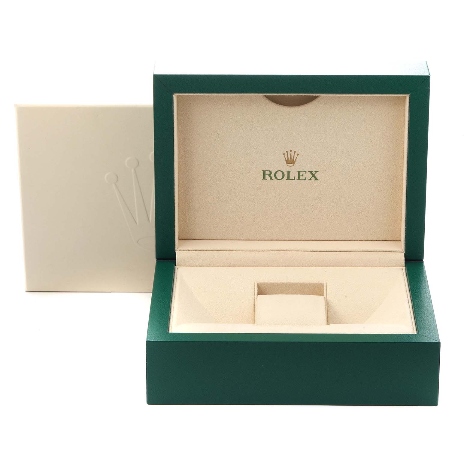 The image shows an open Rolex Sky-Dweller 326933 Men
s Steel and Gold (two tone) Silver Dial 326933 Men
s Steel and Gold (two tone) Silver Dial watch box, displaying the interior packaging from a front angle.