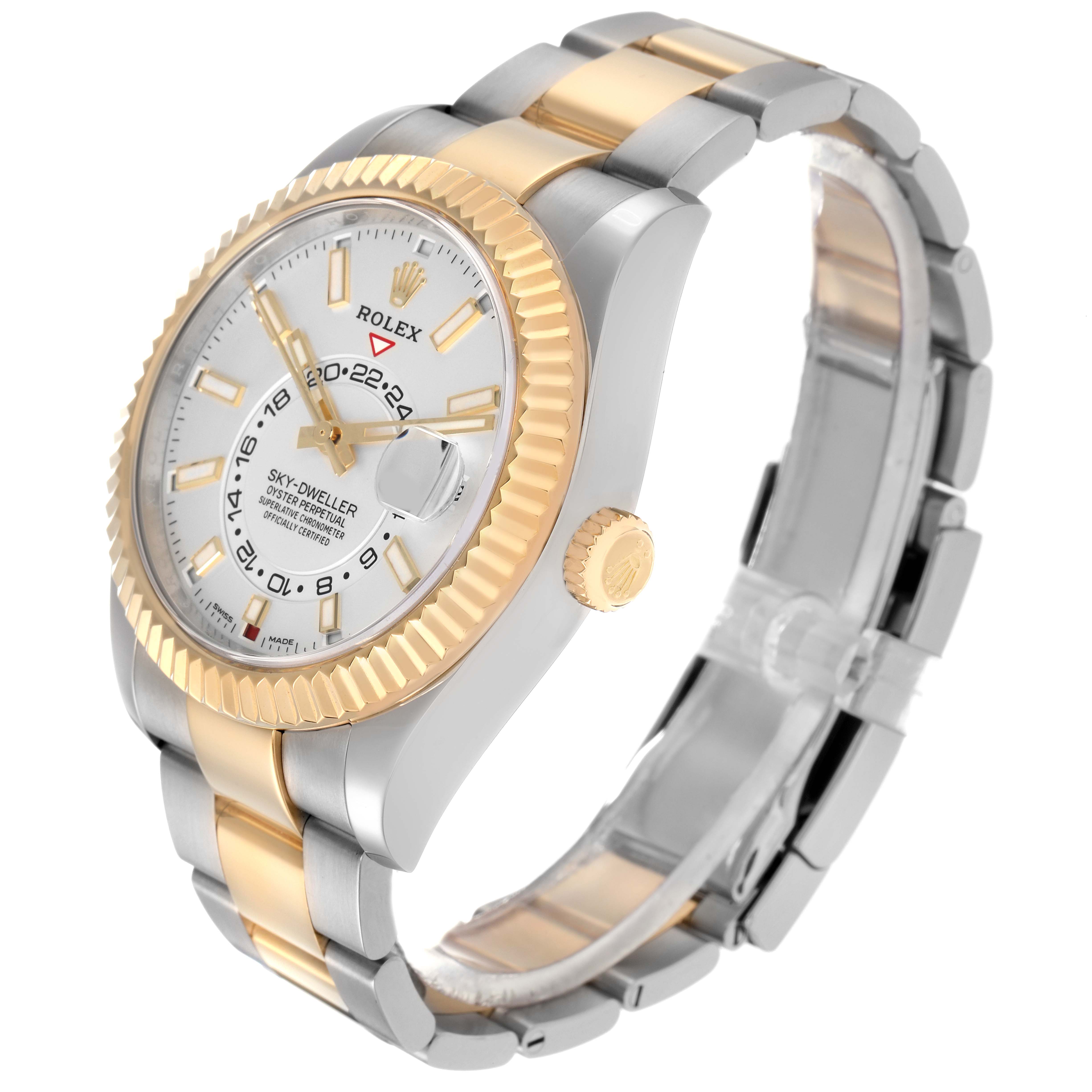 The Rolex Sky-Dweller 326933 Men
s Steel and Gold (two tone) Silver Dial 326933 Men
s Steel and Gold (two tone) Silver Dial watch is shown at a three-quarter angle displaying its face, bezel, crown, and bracelet.