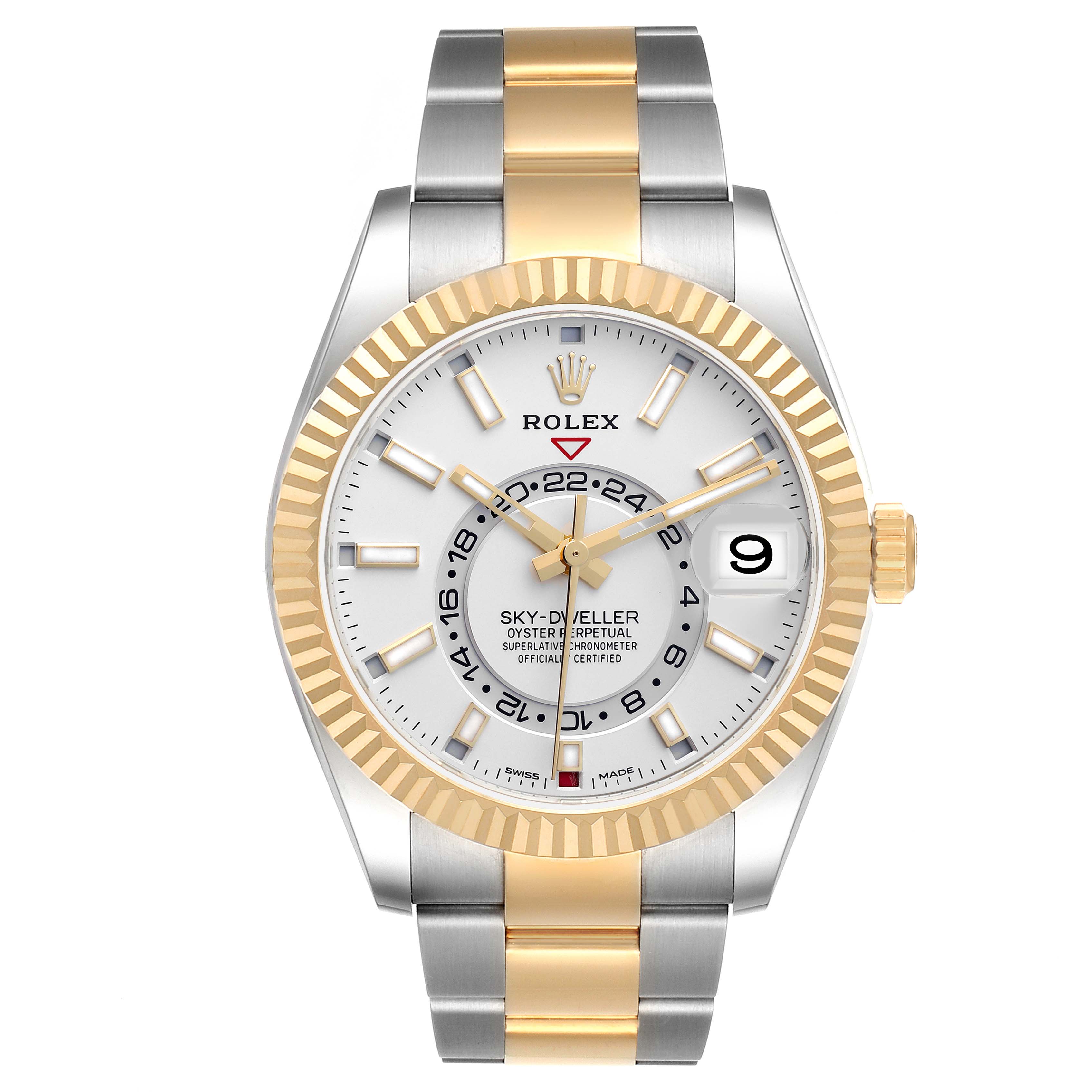 The Rolex Sky-Dweller 326933 Men
s Steel and Gold (two tone) Silver Dial 326933 Men
s Steel and Gold (two tone) Silver Dial watch is shown from a front angle, highlighting the face, bezel, and dial details, with a two-tone bracelet.