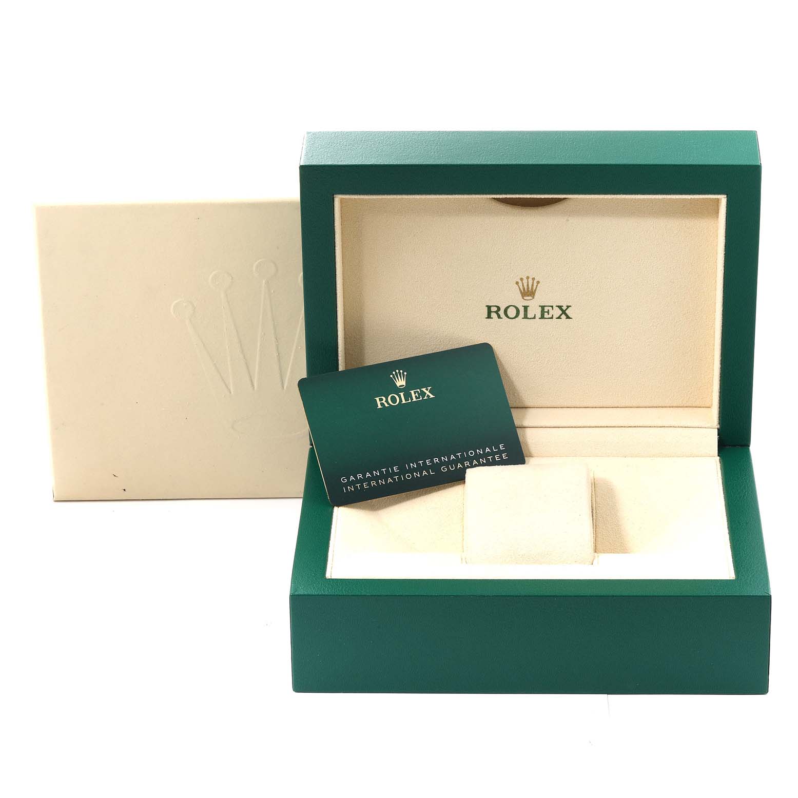This image shows the open box and guarantee card for a Rolex Submariner 126610 Men
s Stainless Steel Black Dial 126610 Men
s Stainless Steel Black Dial watch from a frontal angle.