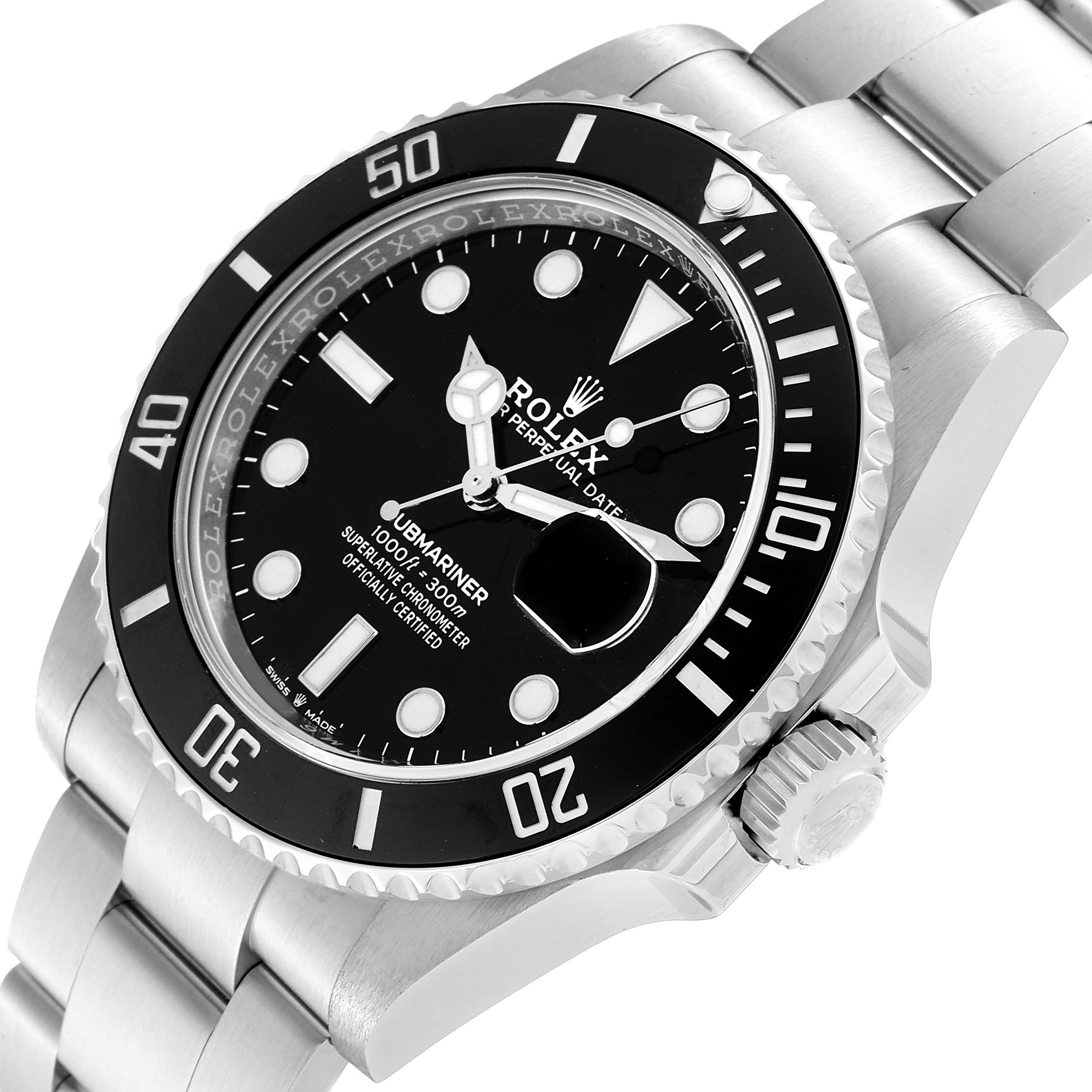 This image shows the face, bezel, and part of the bracelet of a Rolex Submariner 126610 Men
s Stainless Steel Black Dial 126610 Men
s Stainless Steel Black Dial watch at an angled viewpoint.