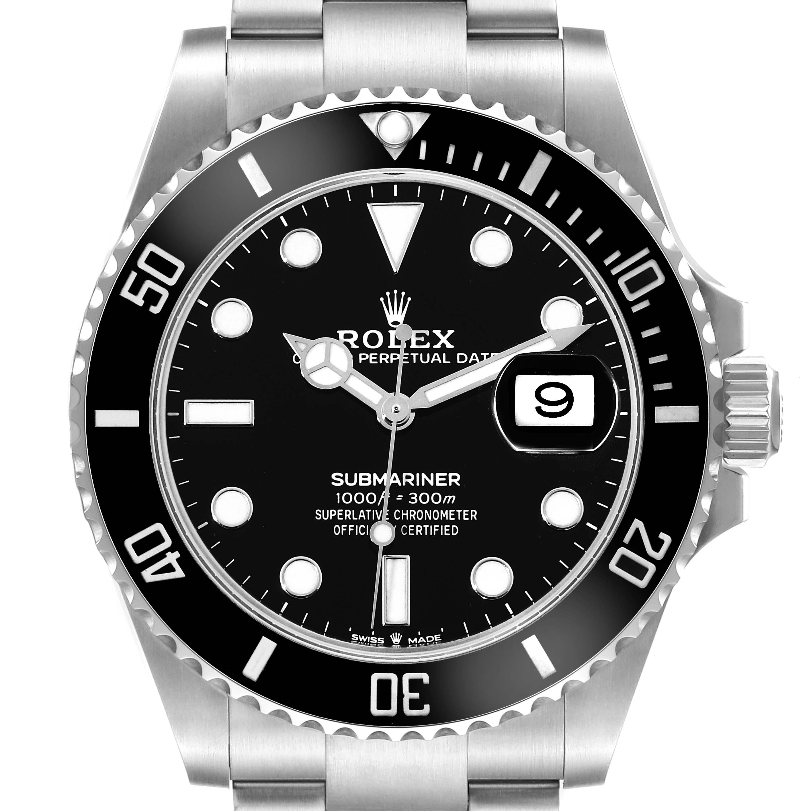 The image shows a front view of a Rolex Submariner 126610 Men
s Stainless Steel Black Dial 126610 Men
s Stainless Steel Black Dial watch, highlighting the dial, bezel, case, and part of the bracelet.