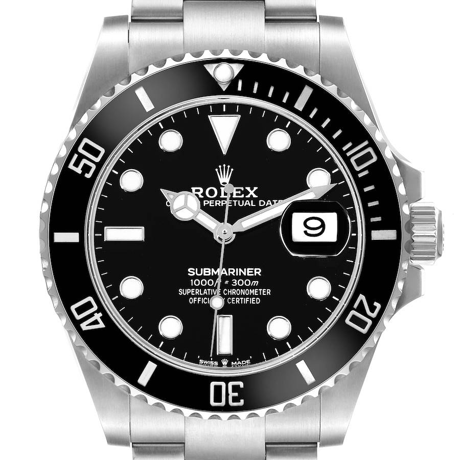 The image shows a front view of a Rolex Submariner watch, highlighting the dial, bezel, case, and part of the bracelet.