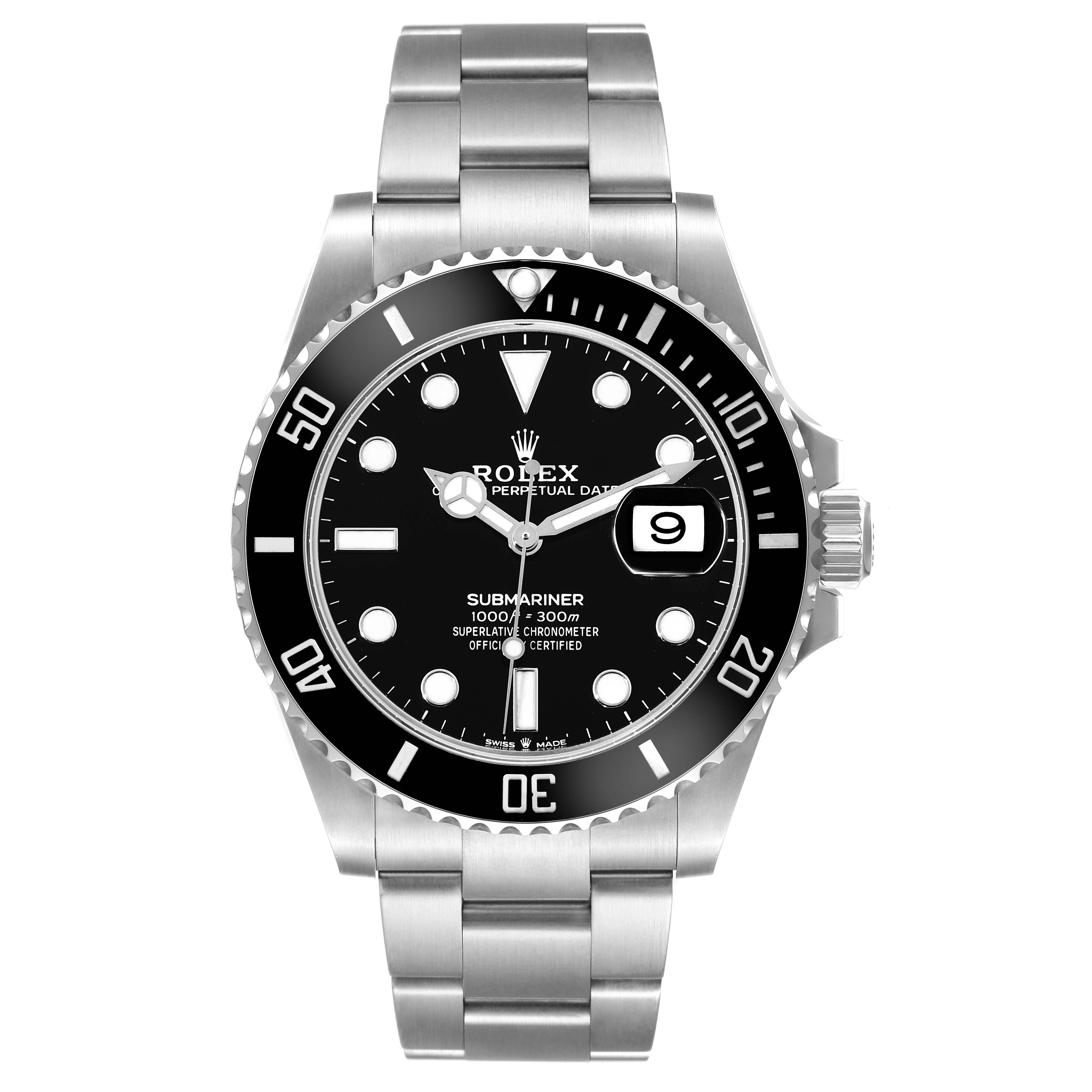 This image shows a front view of a Rolex Submariner 126610 Men
s Stainless Steel Black Dial 126610 Men
s Stainless Steel Black Dial watch, displaying the face, bezel, and metal bracelet.