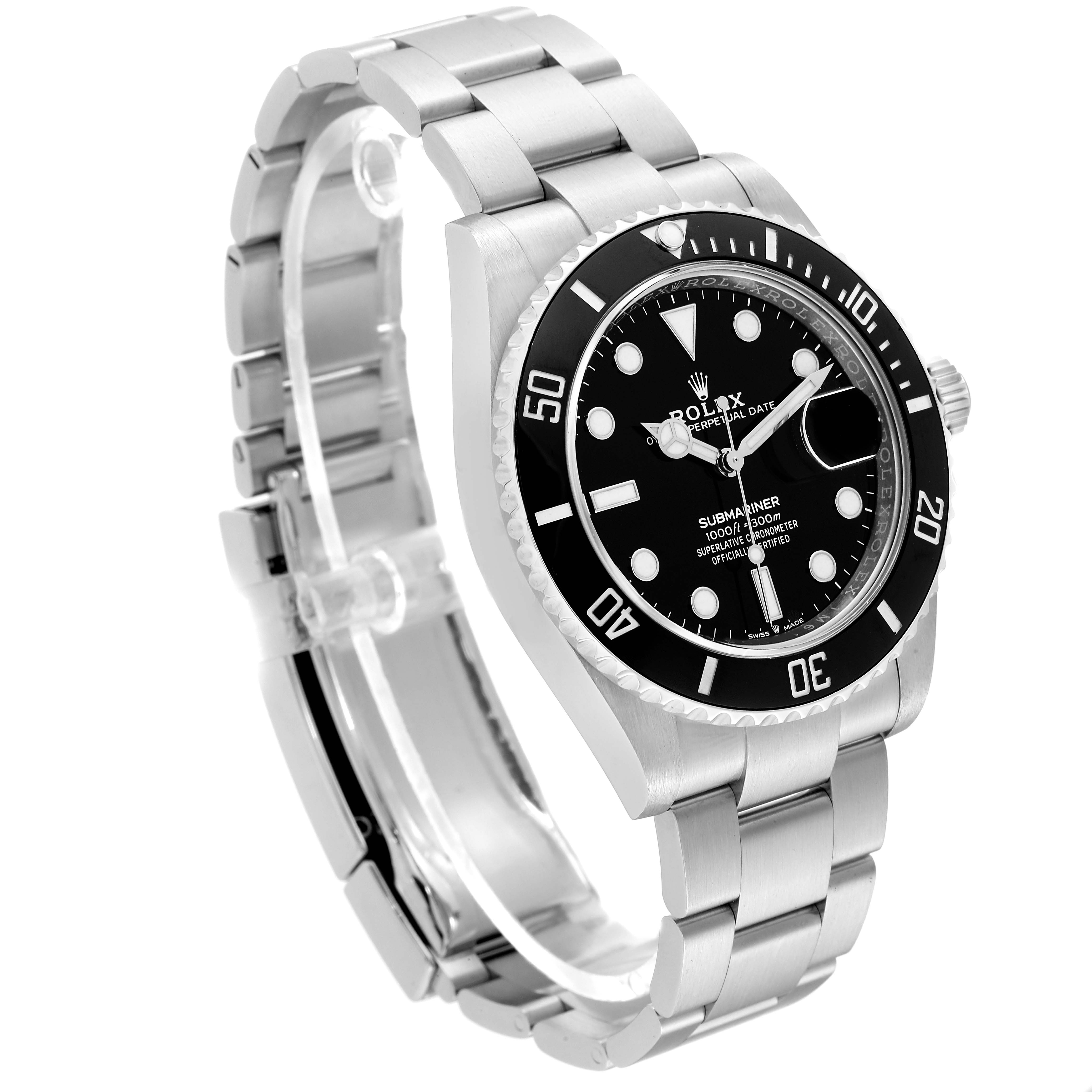 The image shows a Rolex Submariner 126610 Men
s Stainless Steel Black Dial 126610 Men
s Stainless Steel Black Dial watch with a clear view of its face, bezel, and stainless steel bracelet from an angled perspective.