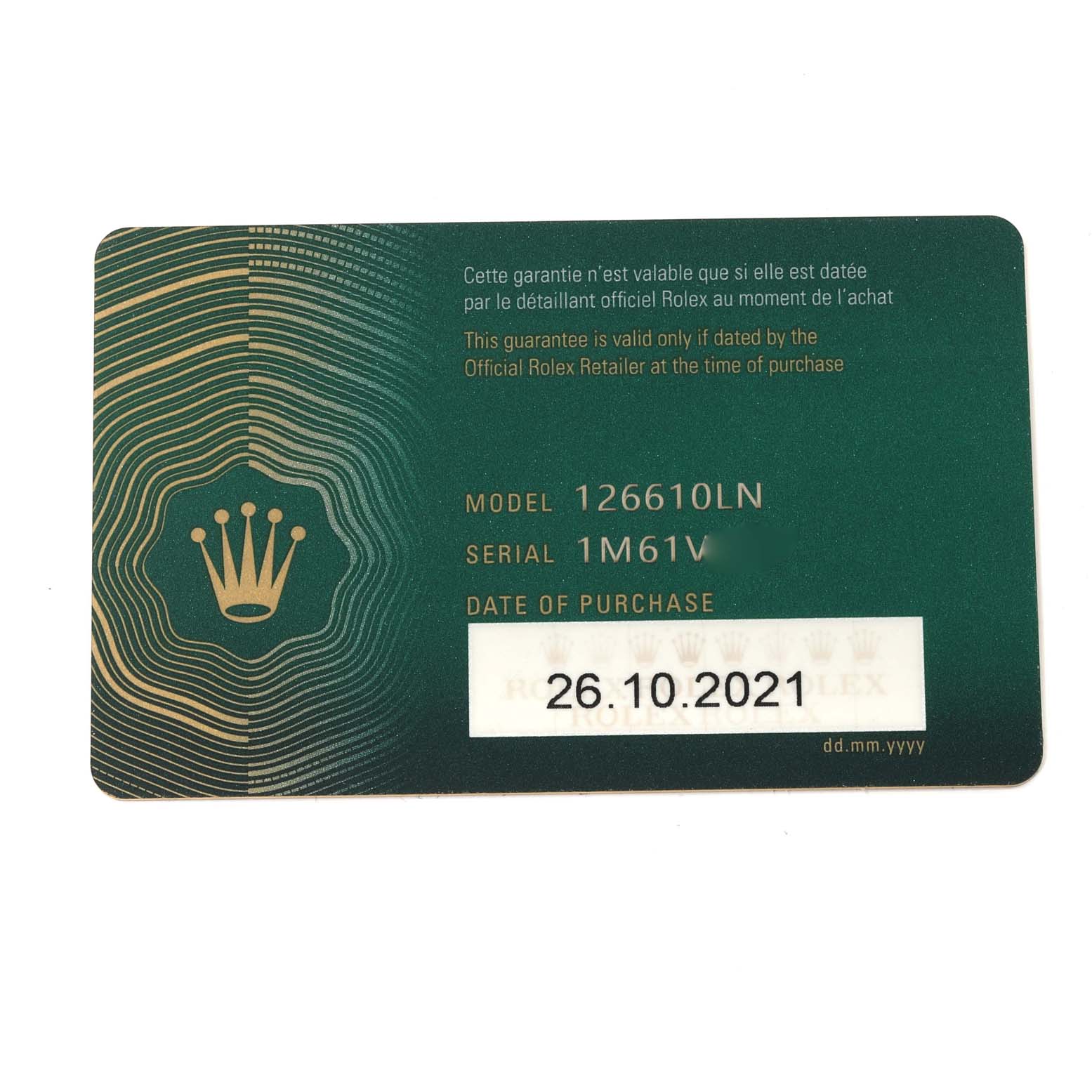 The image shows a guarantee card for a Rolex Submariner 126610 Men
s Stainless Steel Black Dial 126610 Men
s Stainless Steel Black Dial model, detailing the model, serial number, and date of purchase.