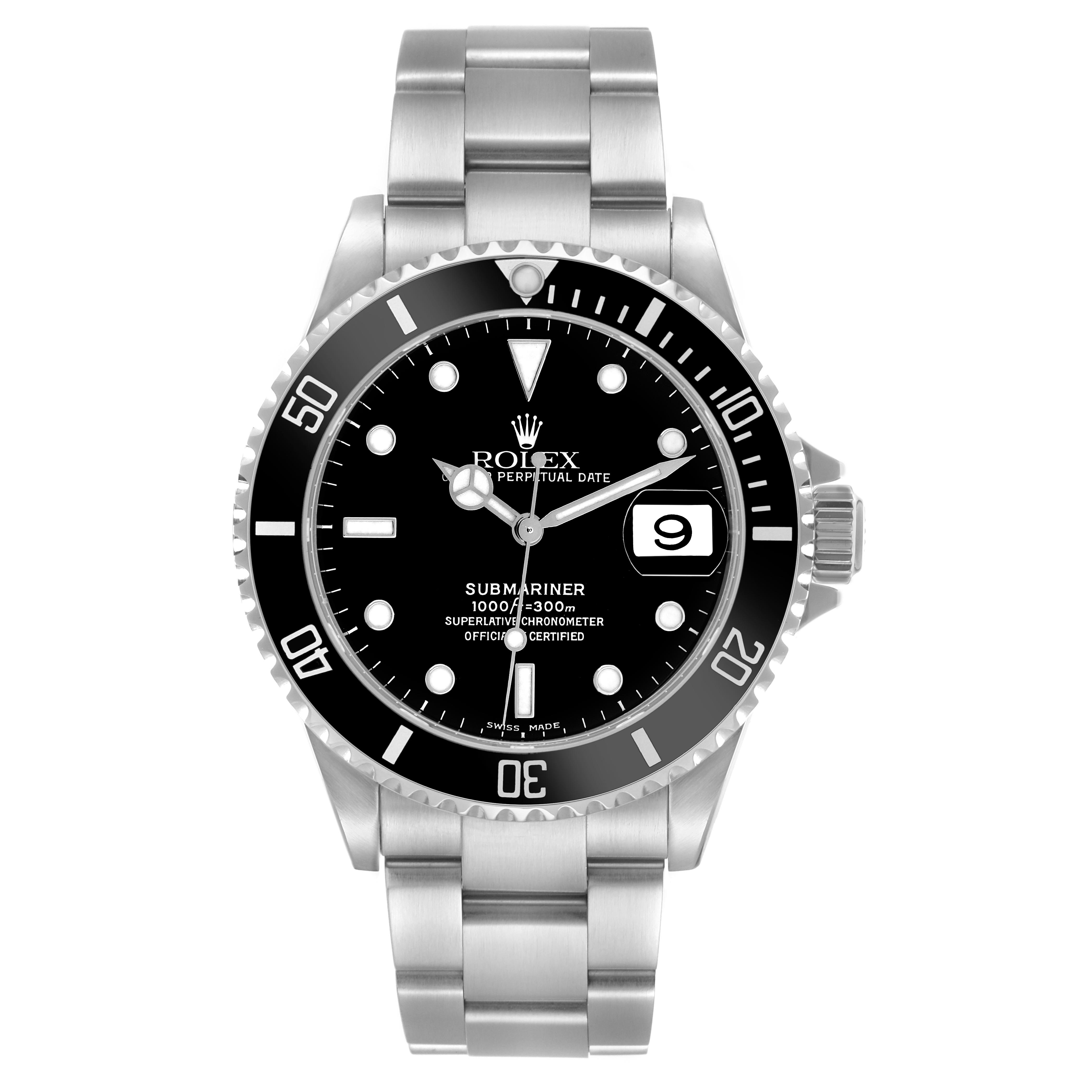 The Rolex Submariner 16610 Men
s Stainless Steel Black Dial 16610 Men
s Stainless Steel Black Dial is shown from a front angle, highlighting the dial, bezel, crown, bracelet, and date window.