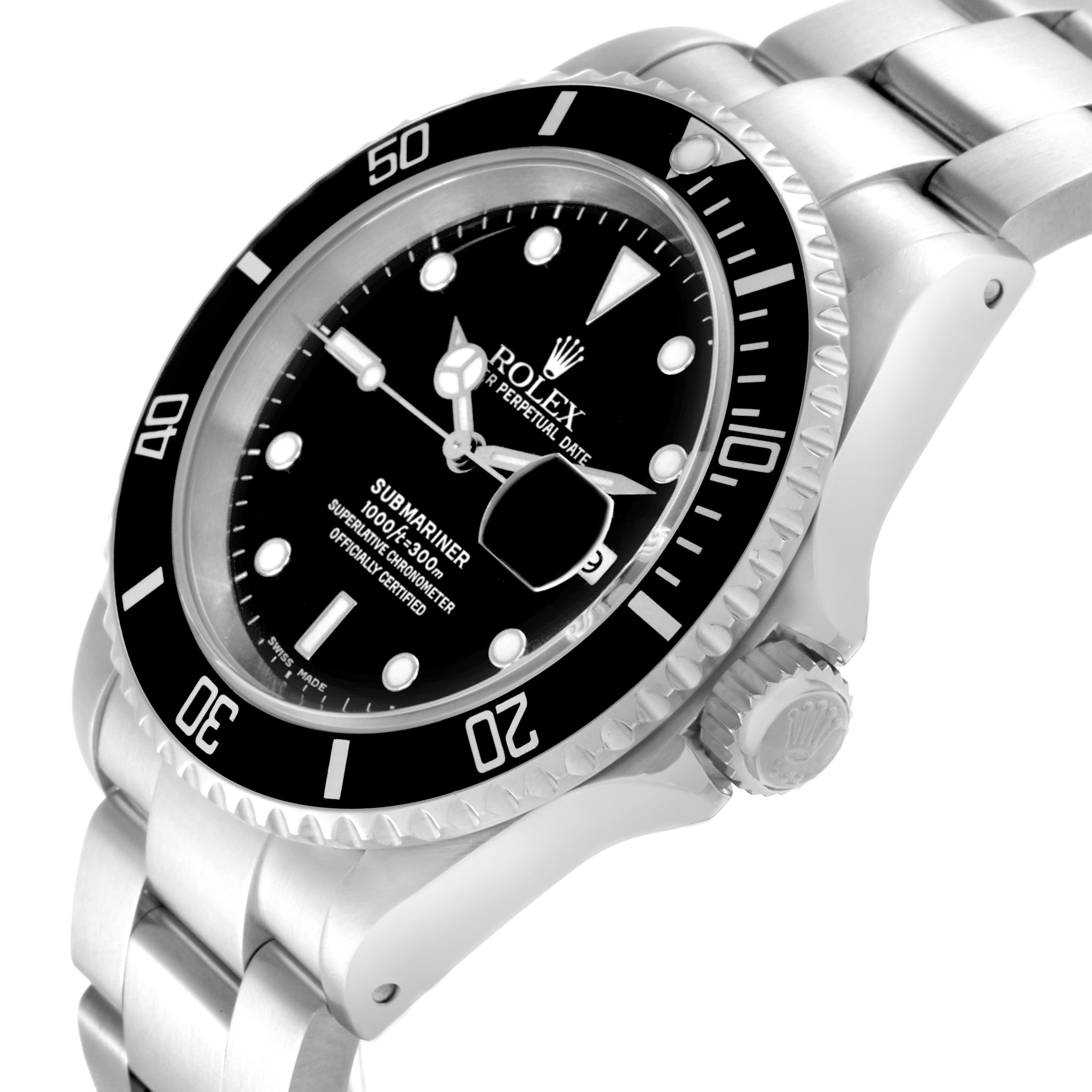 The image shows a side angle of the Rolex Submariner 16610 Men
s Stainless Steel Black Dial 16610 Men
s Stainless Steel Black Dial, highlighting the bezel, dial, crown, and part of the bracelet.
