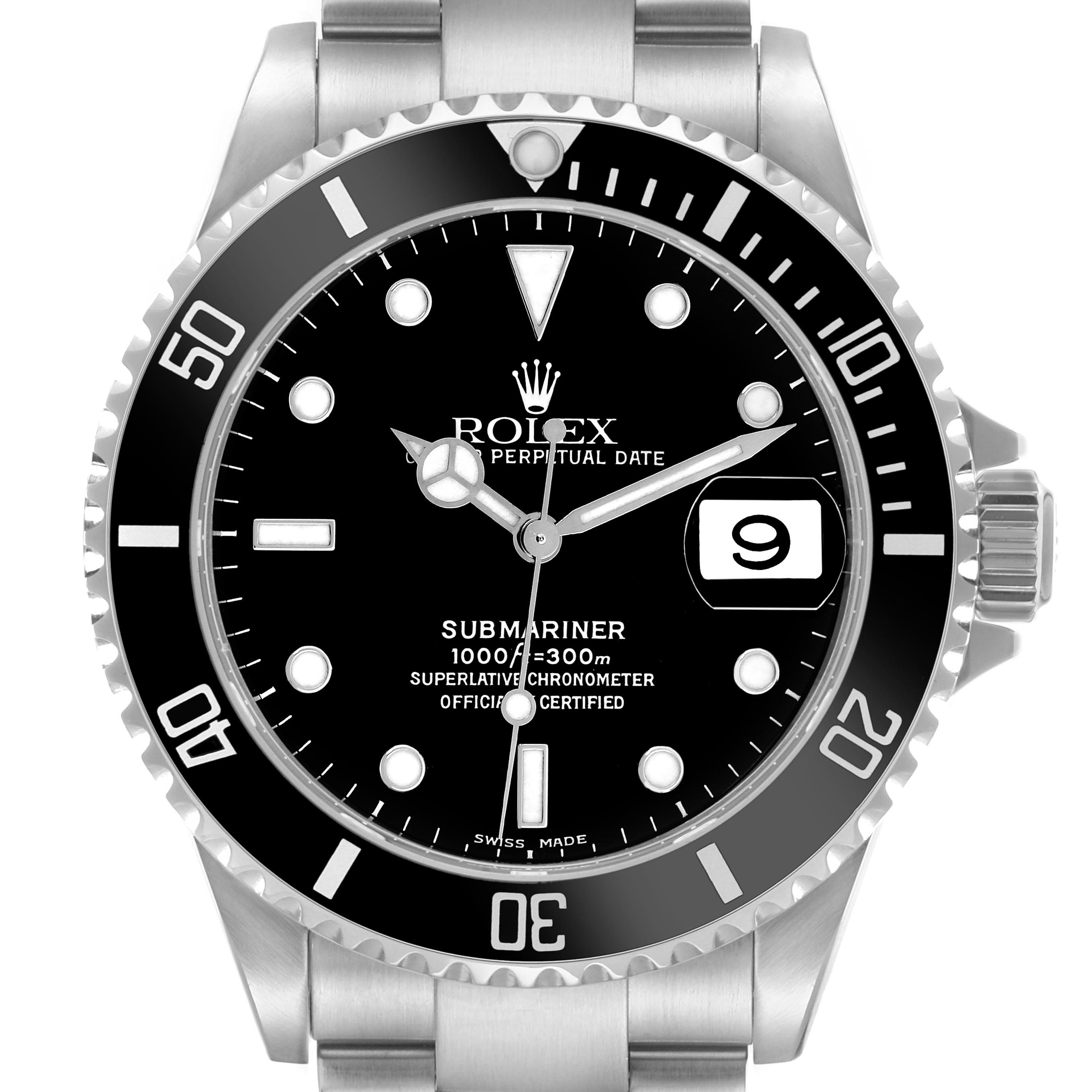 The Rolex Submariner 16610 Men
s Stainless Steel Black Dial 16610 Men
s Stainless Steel Black Dial is shown from the front, displaying its dial, bezel, bracelet top, and crown.