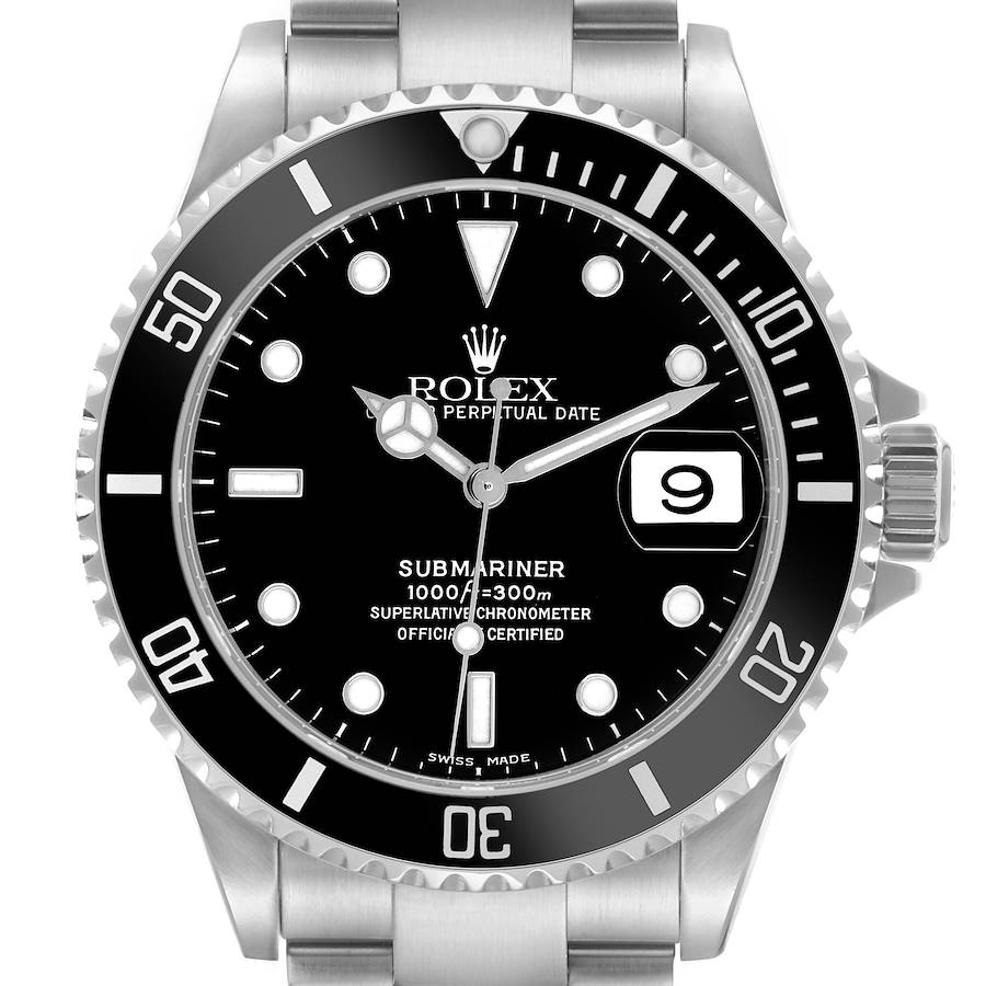 The Rolex Submariner is shown from the front, displaying its dial, bezel, bracelet top, and crown.