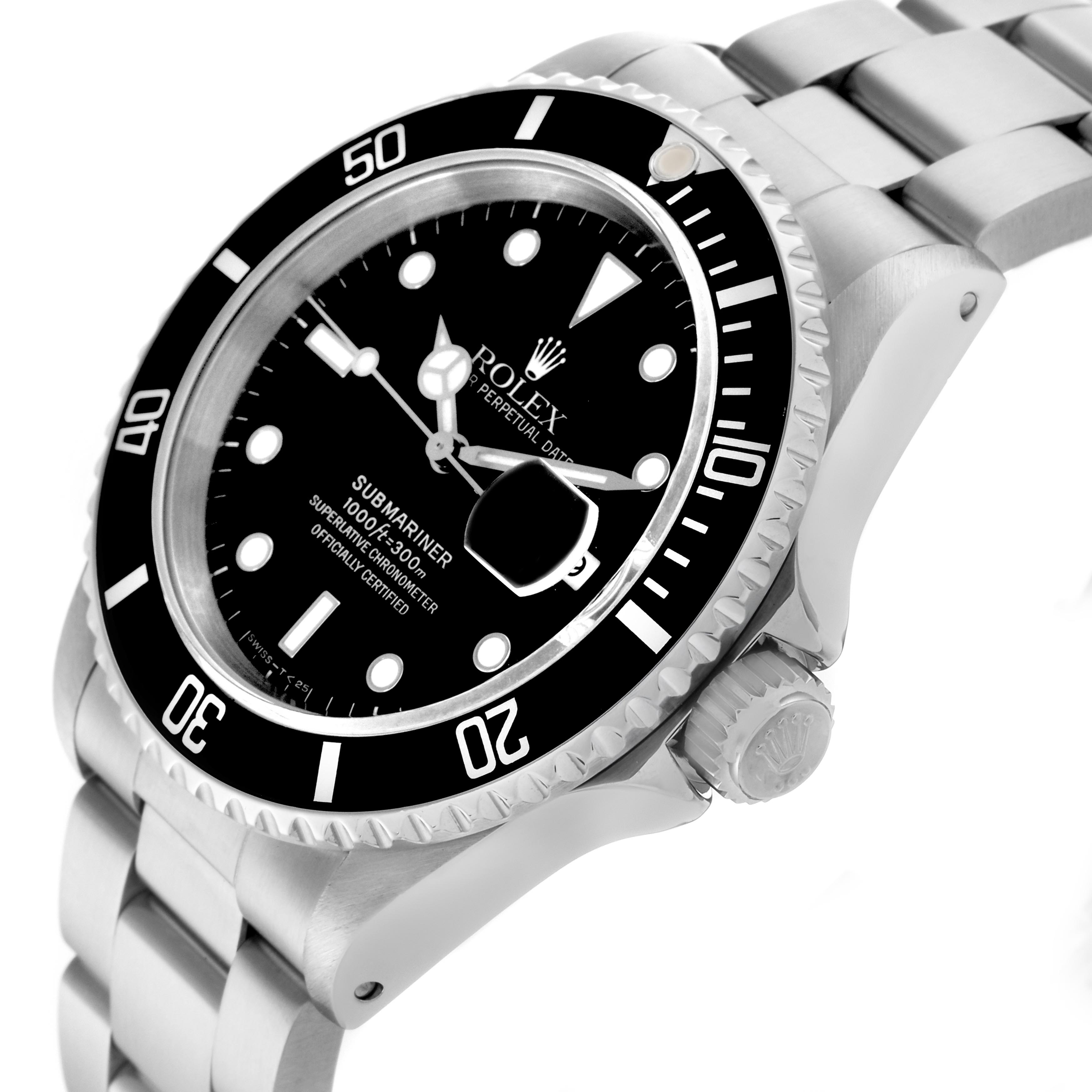 The Rolex Submariner 16610 Men
s Stainless Steel Black Dial 16610 Men
s Stainless Steel Black Dial watch is shown at an angled view highlighting the bezel, dial, crown, and part of the bracelet.