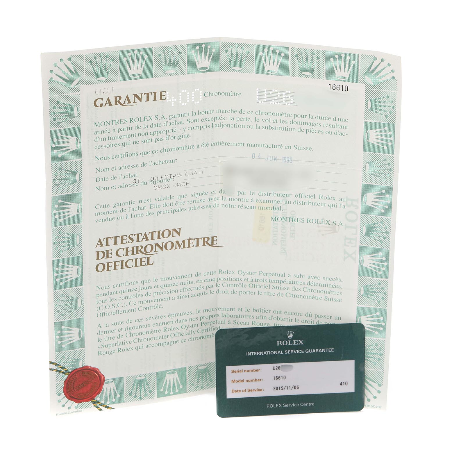 The image shows warranty and service documents for the Rolex Submariner 16610 Men
s Stainless Steel Black Dial 16610 Men
s Stainless Steel Black Dial with model number 16610.