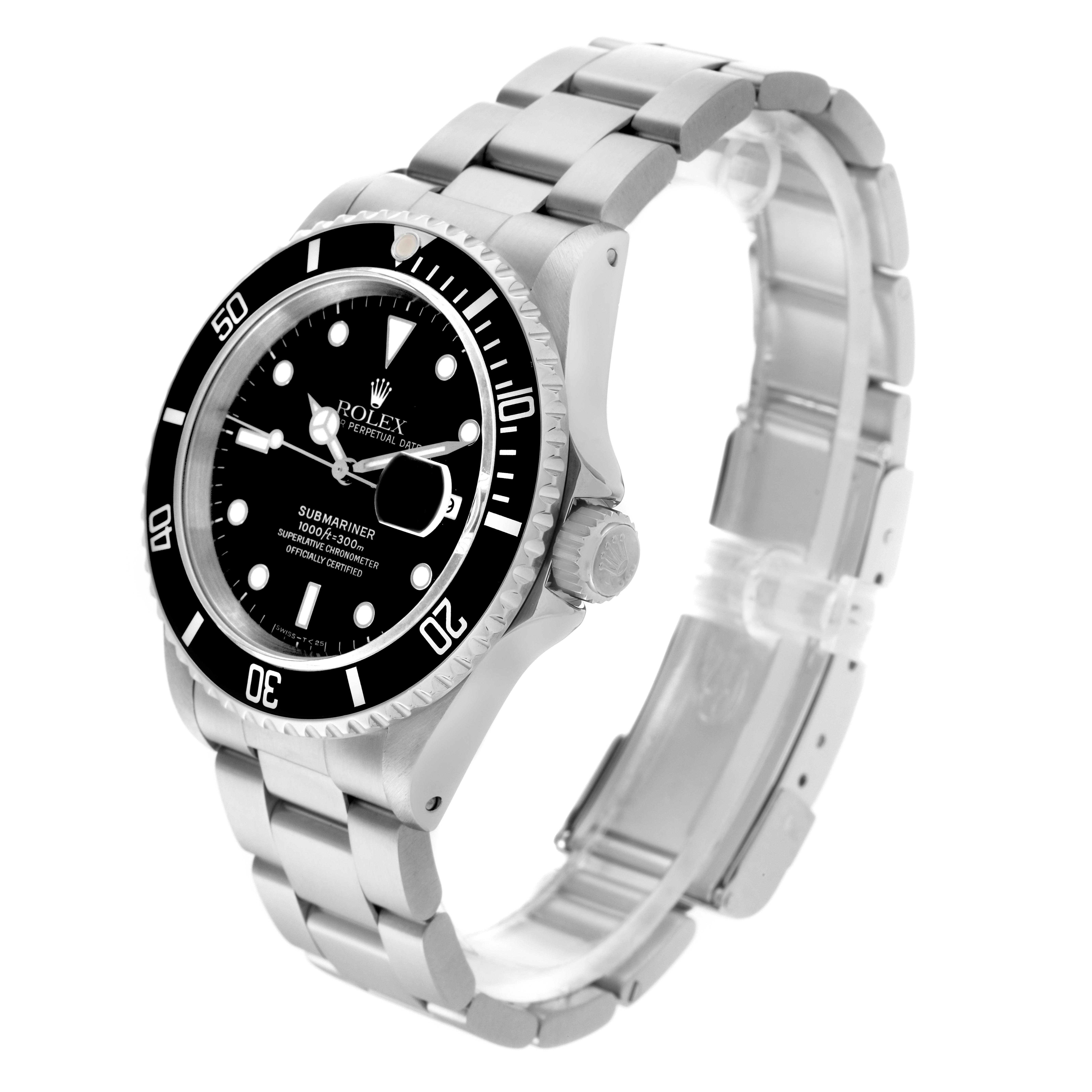 The Rolex Submariner 16610 Men
s Stainless Steel Black Dial 16610 Men
s Stainless Steel Black Dial watch is angled to show its face, bezel, side crown, and part of the metal bracelet.
