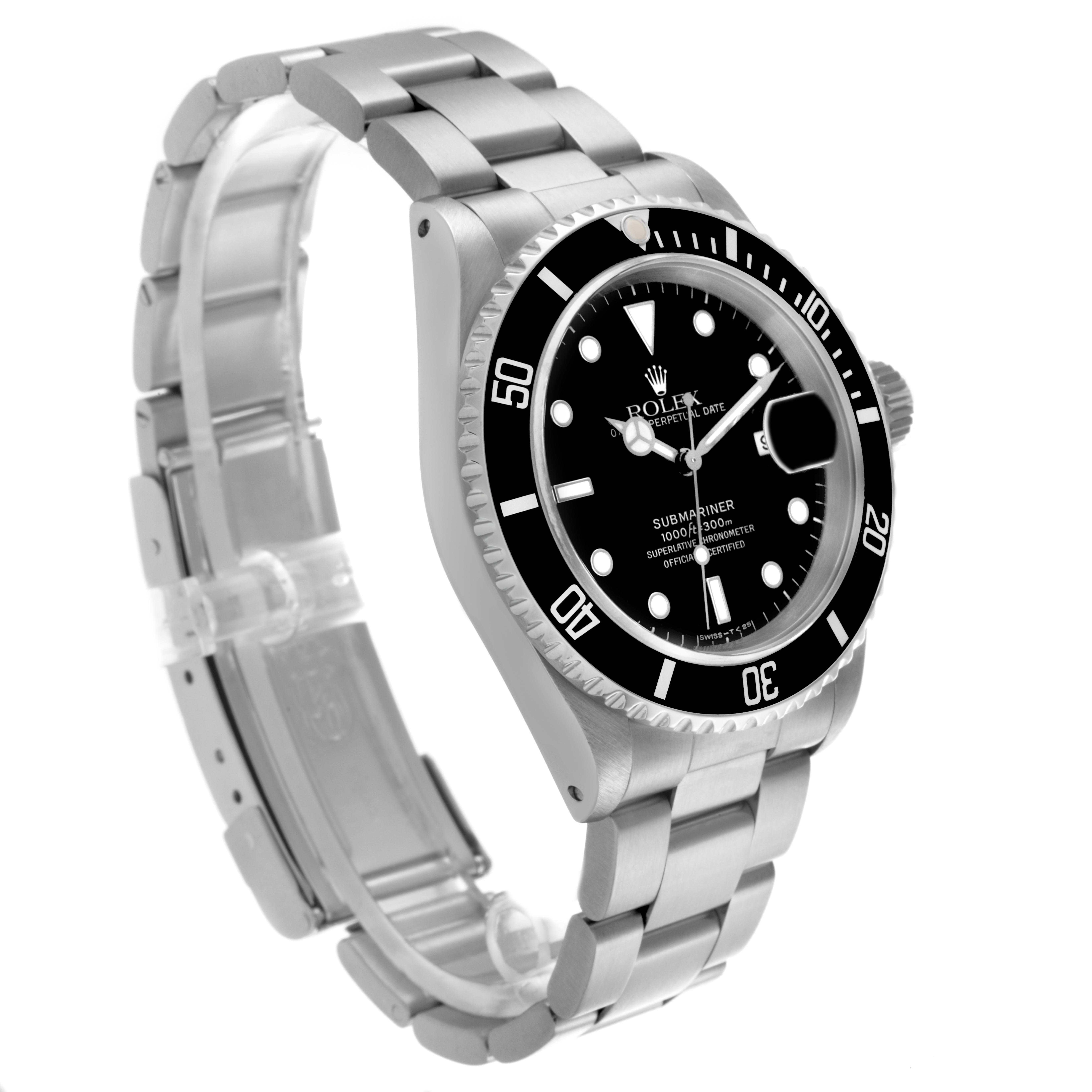 The Rolex Submariner 16610 Men
s Stainless Steel Black Dial 16610 Men
s Stainless Steel Black Dial watch is shown at a three-quarter angle, highlighting the face, bezel, and bracelet.