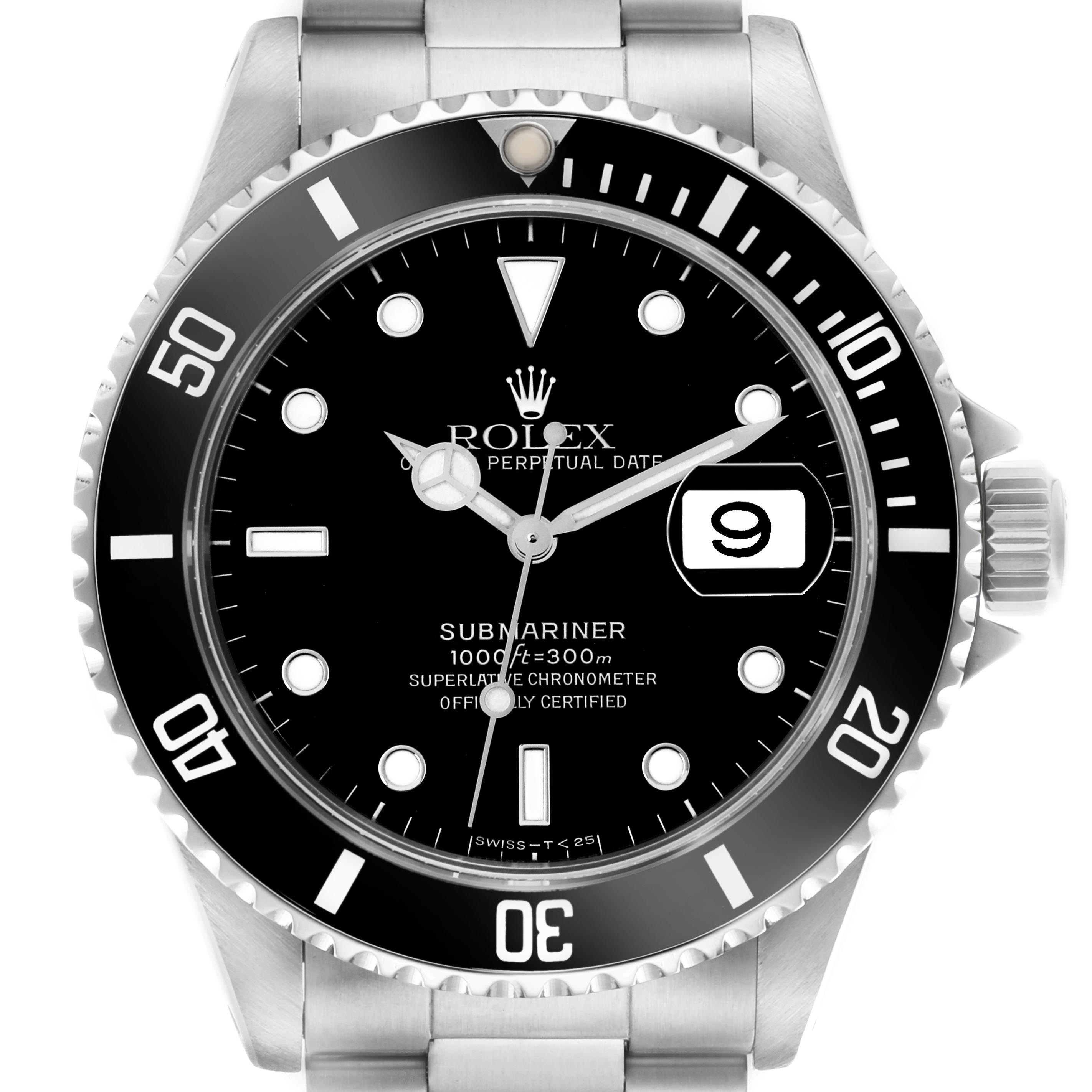 The Rolex Submariner 16610 Men
s Stainless Steel Black Dial 16610 Men
s Stainless Steel Black Dial is shown from a front angle, highlighting the face, bezel, crown, and part of the bracelet.