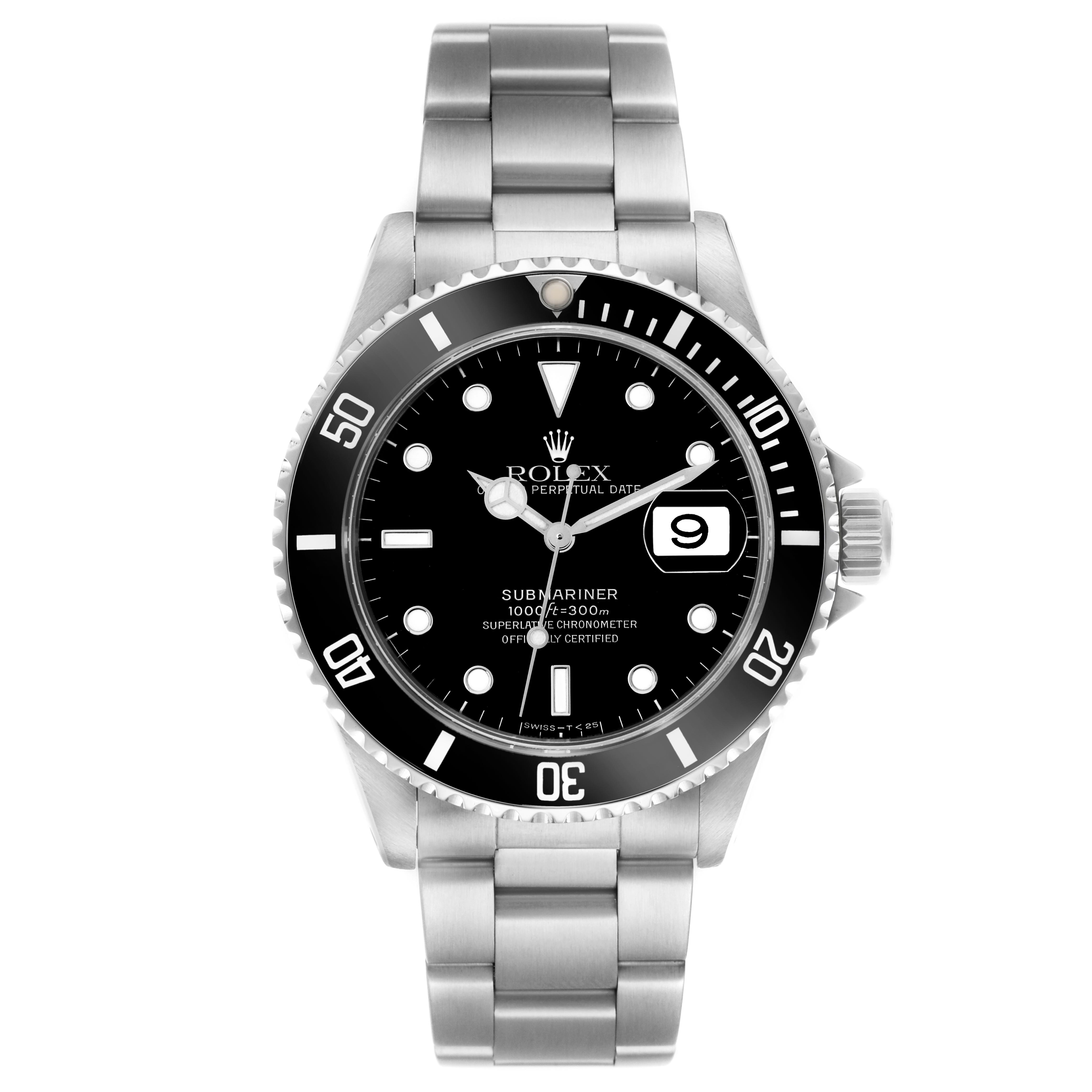 The Rolex Submariner 16610 Men
s Stainless Steel Black Dial 16610 Men
s Stainless Steel Black Dial watch is shown from a front angle, highlighting the dial, bezel, and bracelet.