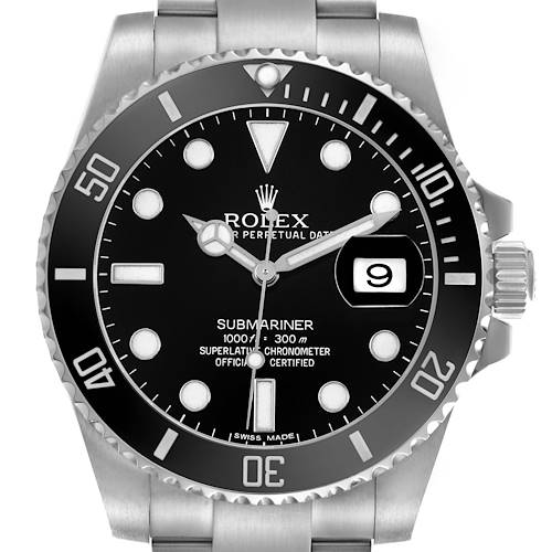 The Rolex Submariner 116610 Mens Stainless Steel Black Dial watch is shown from the front, highlighting the dial, bezel, crown, and bracelet.