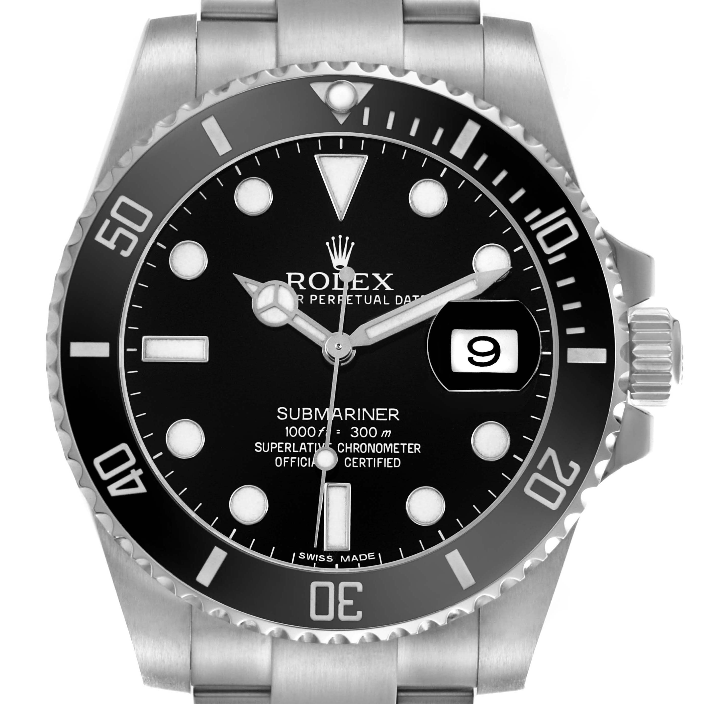The Rolex Submariner 116610 Mens Stainless Steel Black Dial watch is shown from the front, highlighting the dial, bezel, and crown.