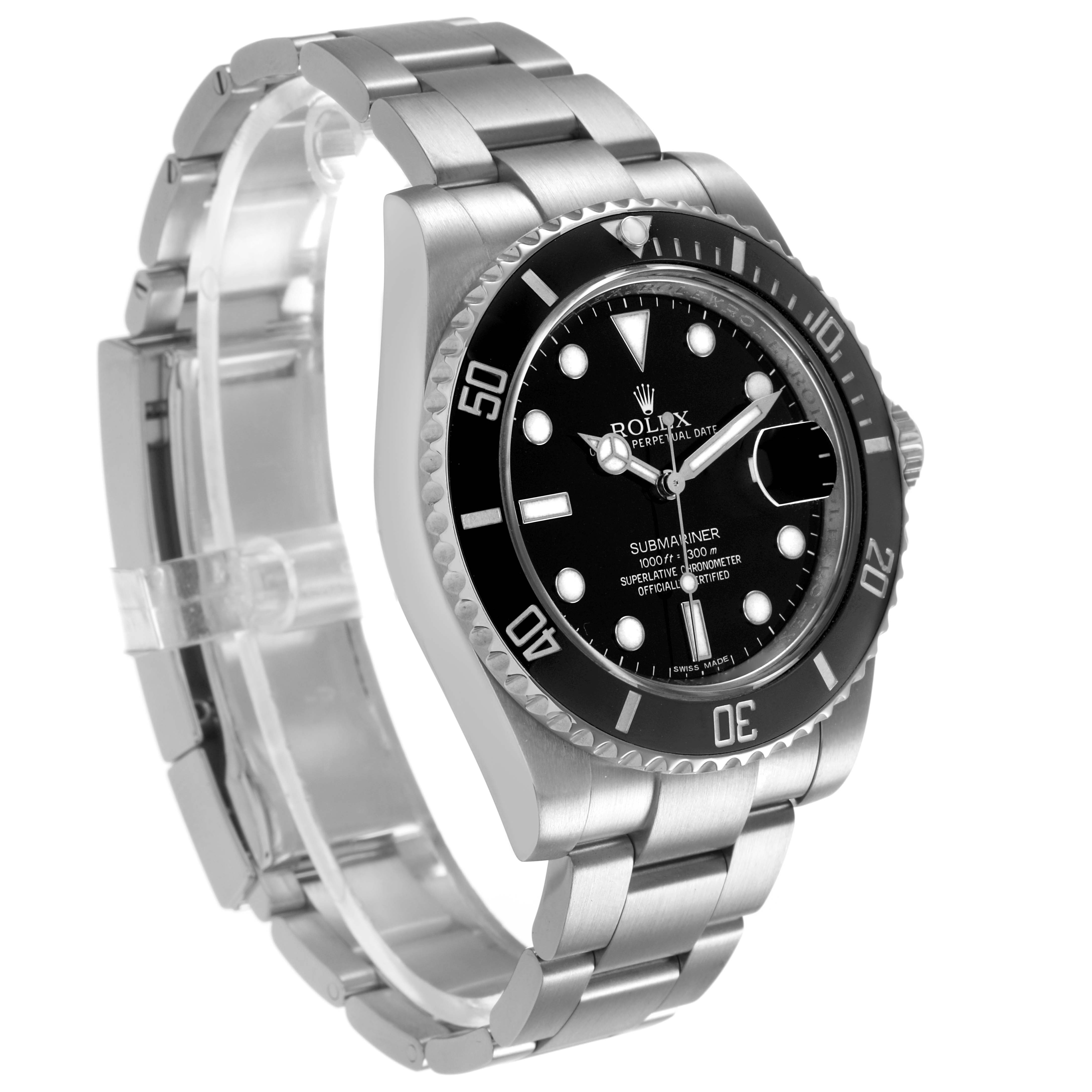 The Rolex Submariner 116610 Mens Stainless Steel Black Dial watch is shown at an angled view, displaying the dial, bezel, bracelet, and clasp.