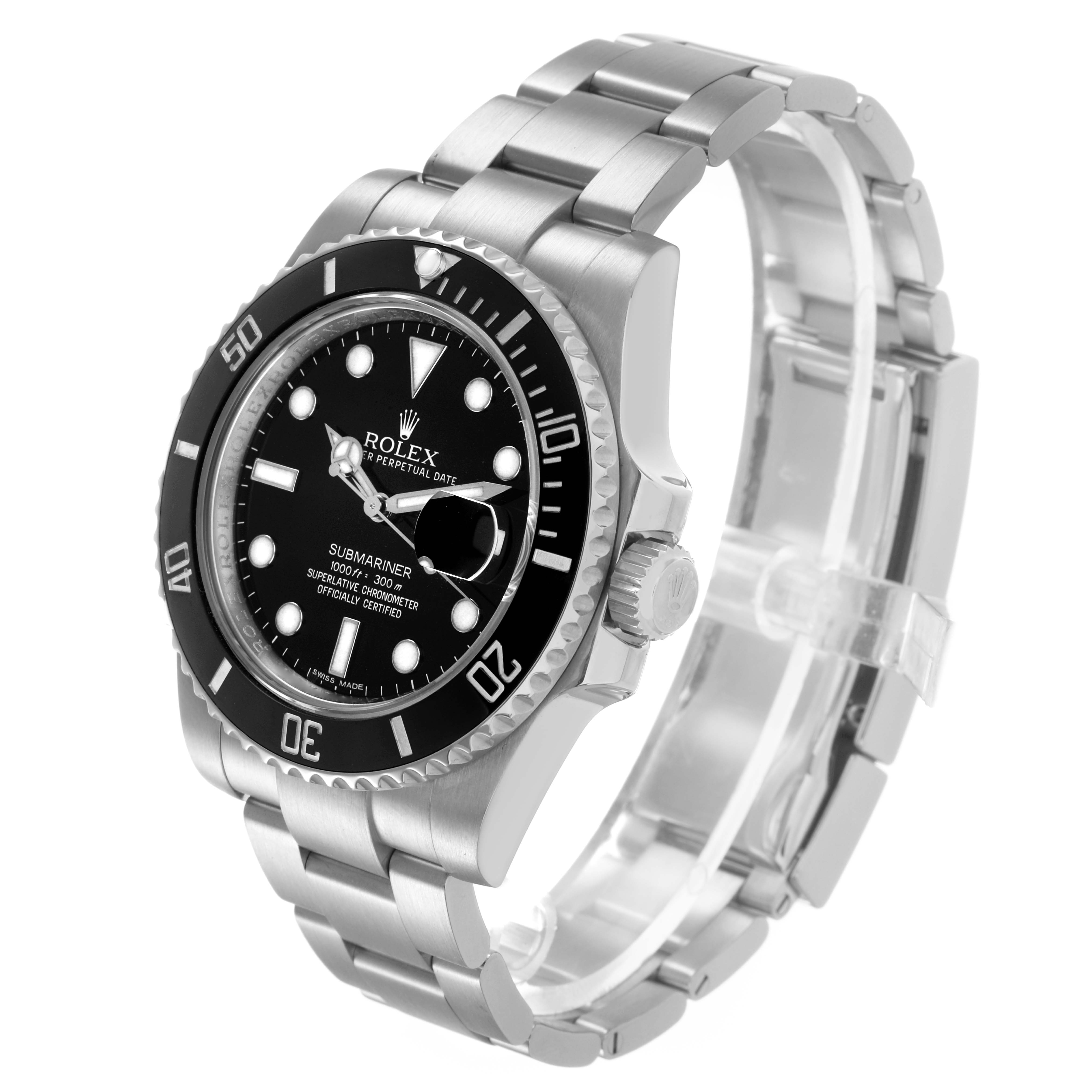 The Rolex Submariner 116610 Mens Stainless Steel Black Dial watch is shown at a slight angle, displaying its face, bezel, crown, and bracelet.