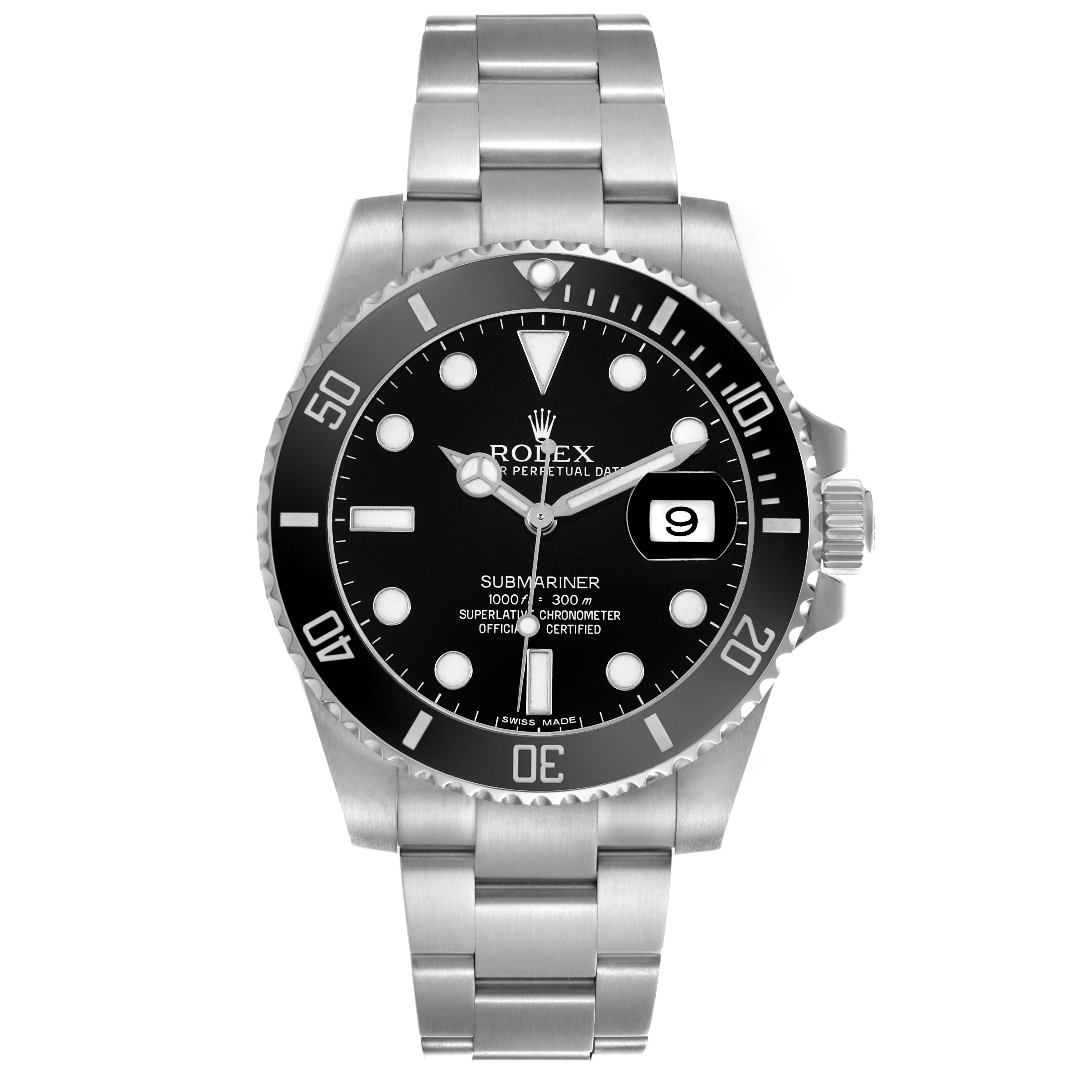 The Rolex Submariner 116610 Mens Stainless Steel Black Dial watch is shown from a top-down angle, displaying the face, bezel, bracelet, and crown.
