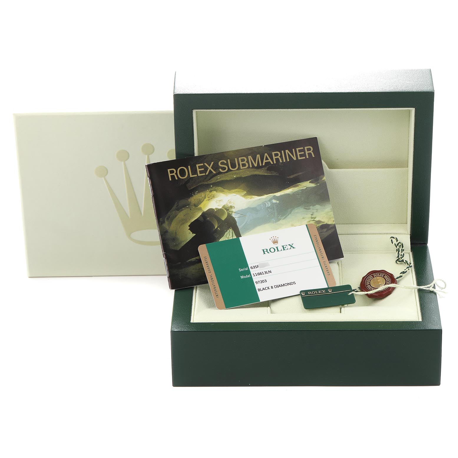 The image shows a Rolex Submariner 116613 Men
s Steel and Gold (two tone) Black Dial 116613 Men
s Steel and Gold (two tone) Black Dial watch box, manual, warranty card, and tags from a frontal angle.