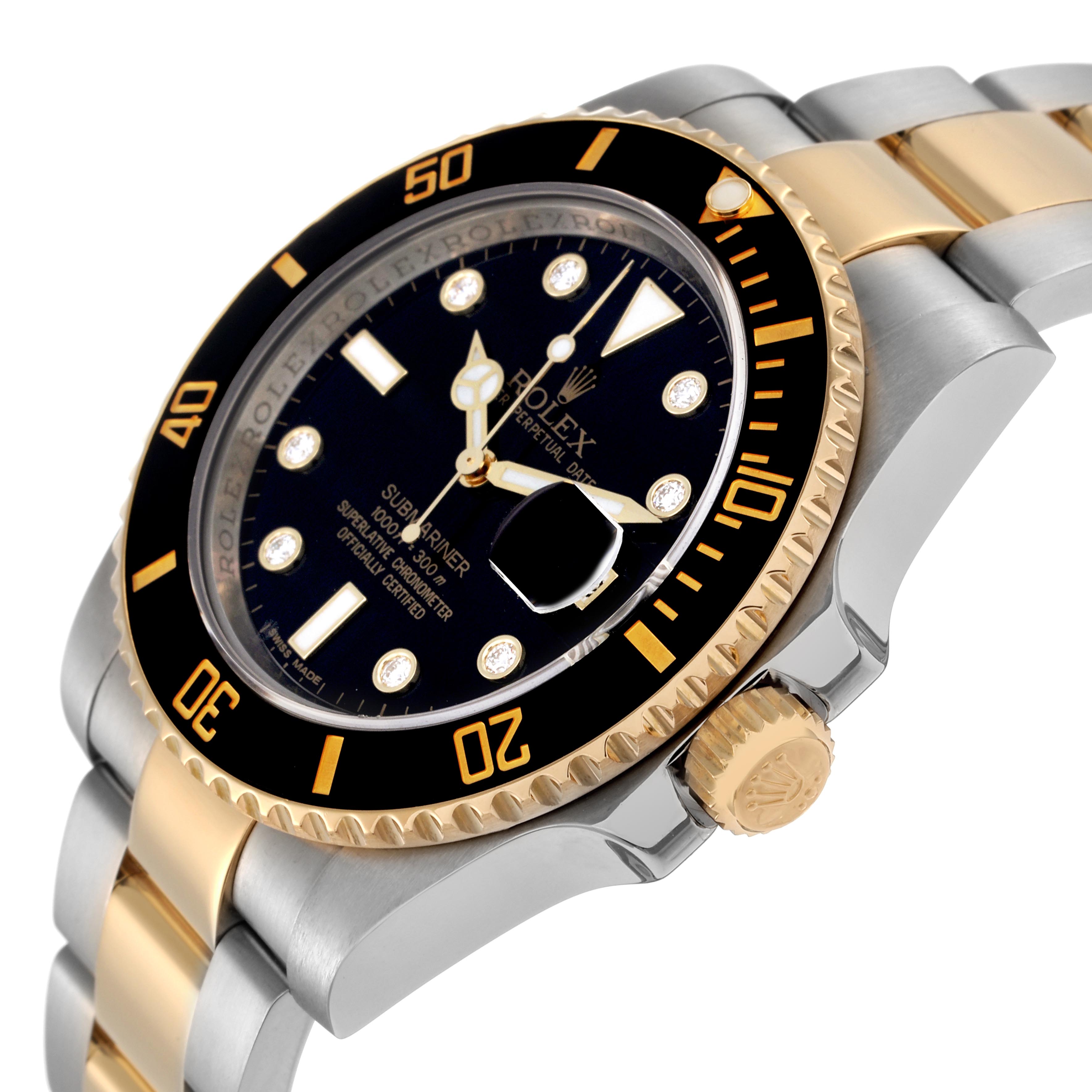 The image shows a Rolex Submariner 116613 Men
s Steel and Gold (two tone) Black Dial 116613 Men
s Steel and Gold (two tone) Black Dial from an angled side view, highlighting the bezel, dial, crown, and bracelet.